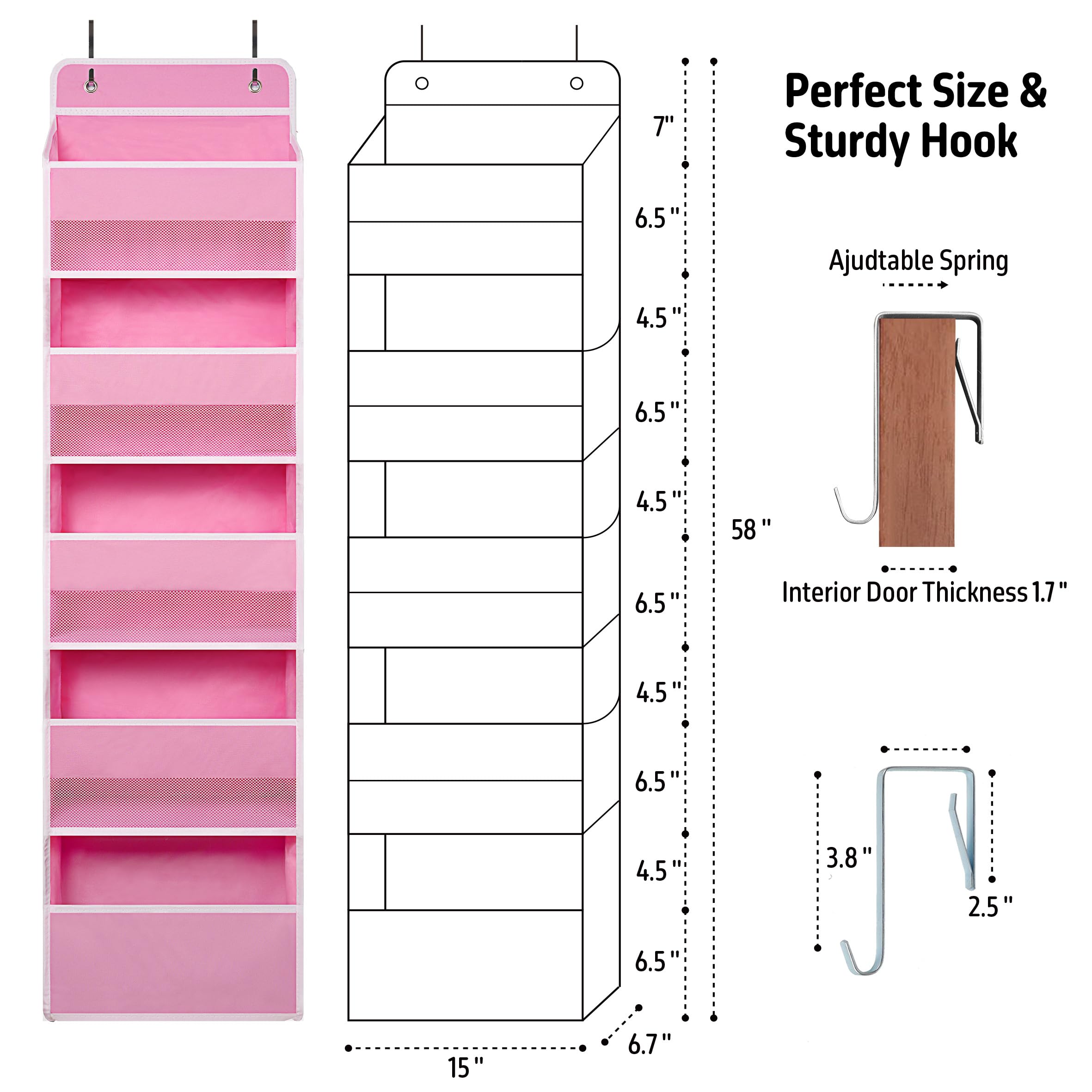 Over Door Organizer with 5 Large Pockets - Heavy Duty Hanging Storage for Closet, Bathroom, Nursery & Dorm - Perfect for Toys, Cosmetics, Sundries & Baby Essentials (Pink) - Space Saving Solution for Small Rooms & Apartments