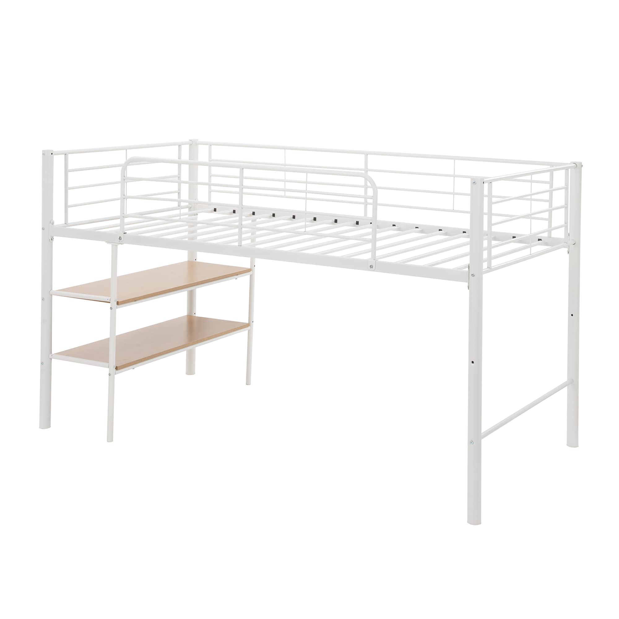 Polibi Twin Size Metal Loft Bed with Rolling Desk & Shelves - Space Saving Multi-Functional Study Loft Bed for Small Rooms (White) | Perfect for Kids, Teens & College Dorm Rooms