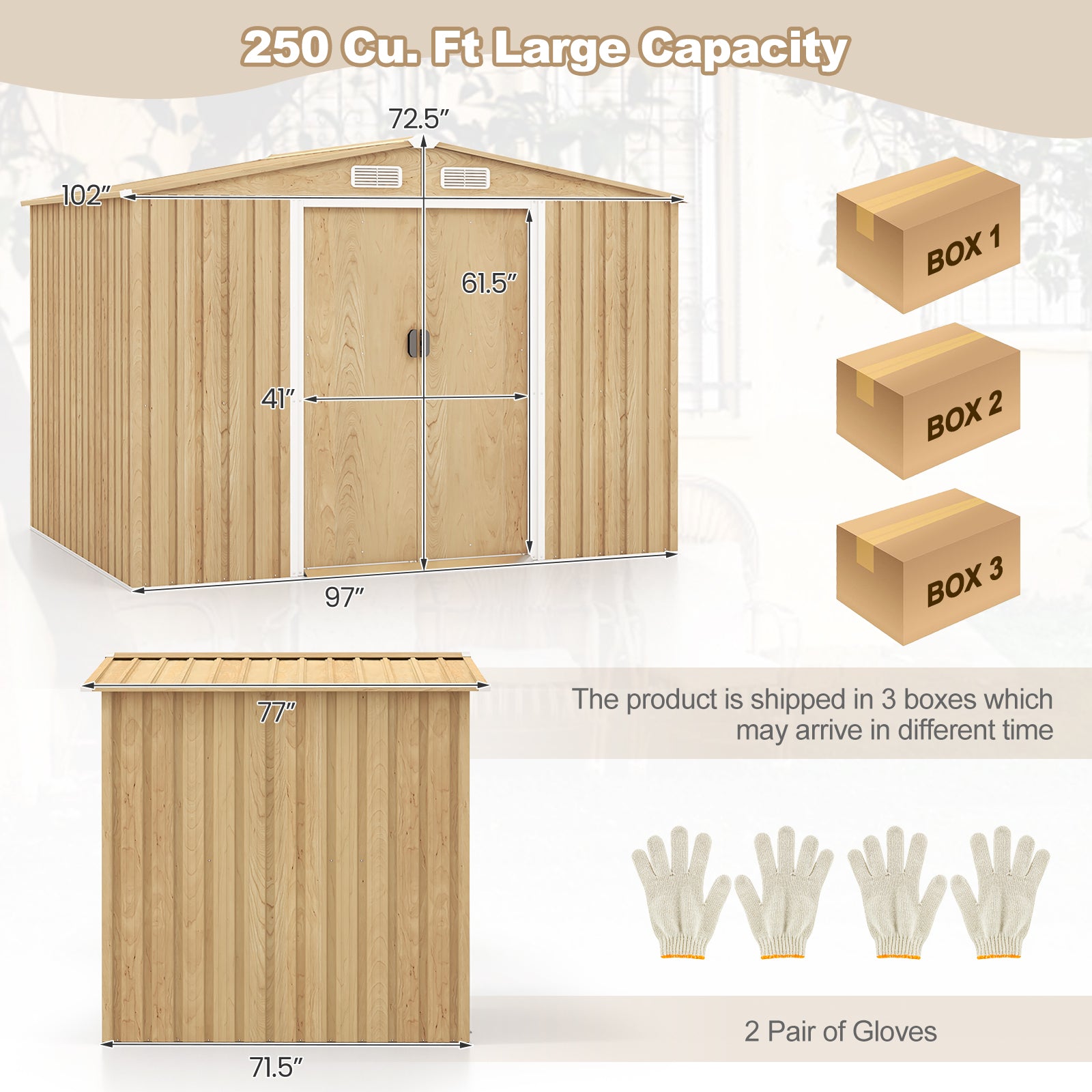 Costway 8.5' x 6.4' x 6' Galvanized Steel Storage Shed with Sliding Door | Outdoor Garden Tool Shed, Backyard Storage Solution for Lawn Equipment & Seasonal Items