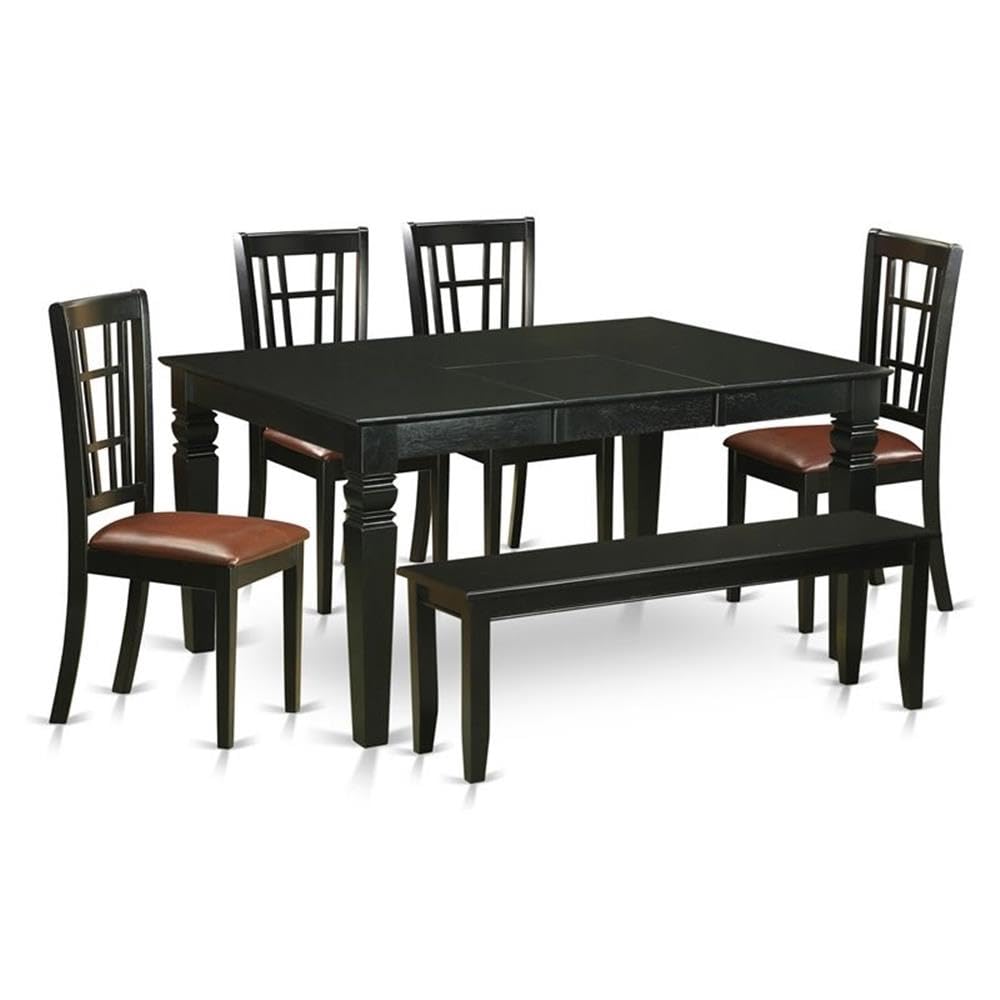 East West Furniture 6-Piece Dining Set with Butterfly Leaf Table, 4 Faux Leather Chairs & Bench - 42x60 Inch Black Kitchen Table for Family Meals & Entertaining