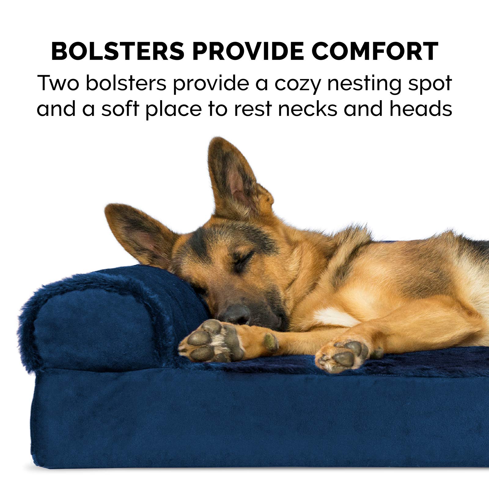 Furhaven Memory Foam Dog Bed for Small & Medium Dogs - Removable Bolsters & Machine Washable Cover - Plush Velvet L-Shaped Chaise Lounge - Supports Pets Up to 35 lbs - Deep Sapphire Blue - Perfect for Living Room, Bedroom or Pet Nursery