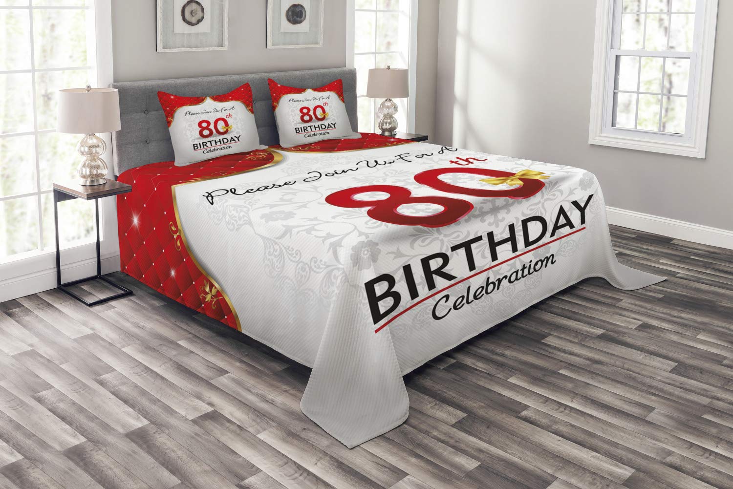 Ambesonne 80th Birthday Bedspread Set - King Size 3-Piece Decorative Bedding with 2 Pillow Shams, Abstract Floral Design for Elderly Birthday Party Decorations - Perfect for 80th Birthday Celebrations, Bedroom Decor, and Special Occasion Gifts