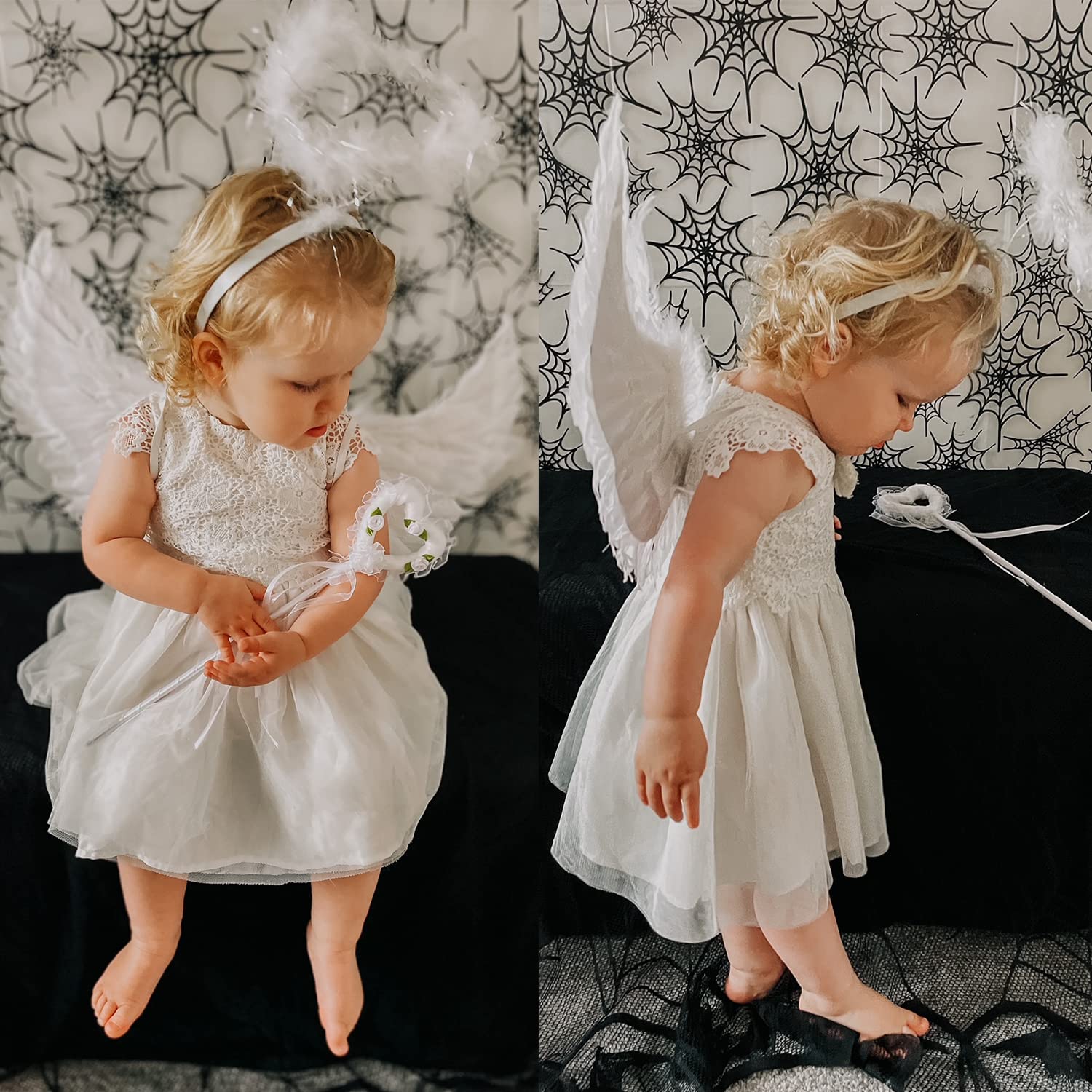 White Angel Wings and Halo Set with Feather Headband & Wand - Christmas, Halloween, Cosplay Costume Accessories for Parties, Photo Shoots & Fairy Costumes