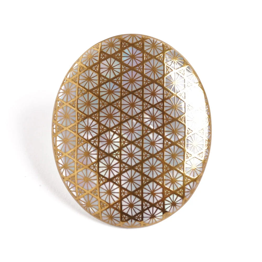 Handcrafted Japanese Maki-e Urushi Lacquer Brooch with White South Sea Pearl Shell & Bamboo Weave Design - Traditional Asian Jewelry for Women, Gift for Special Occasions, Wedding Accessories, Cultural Fashion Statement