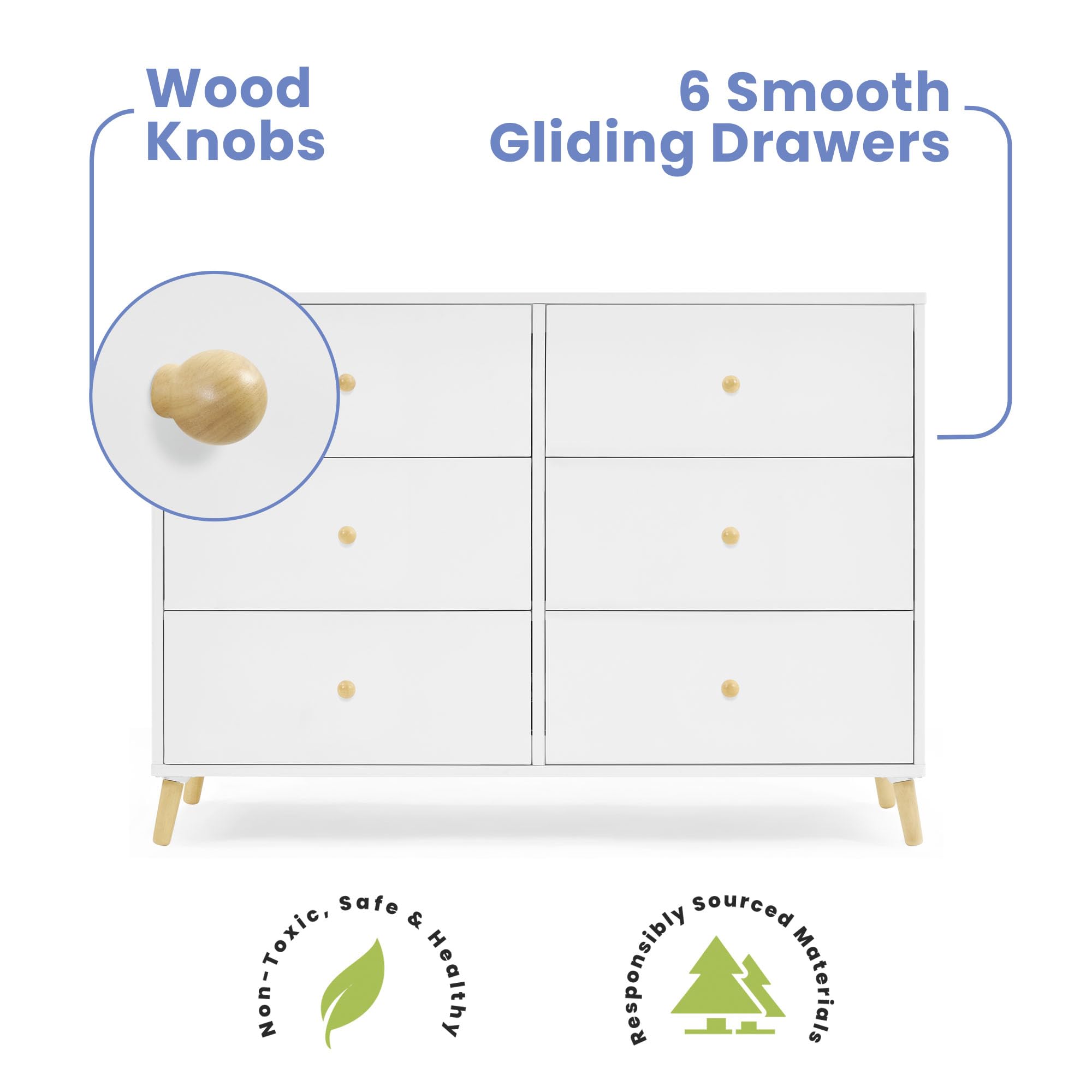 Delta Children Essex 6-Drawer Dresser in Bianca White/Natural - Perfect for Nursery, Bedroom & Kids Room Organization