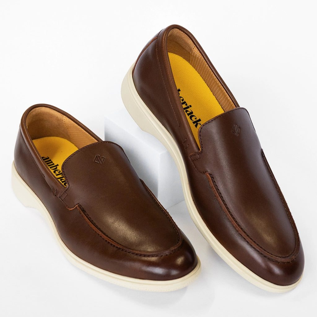 Premium Genuine Leather Loafer Shoes for Men - Chestnut & Cream Color - Comfortable Slip-On Dress Shoes for Business, Office & Casual Wear