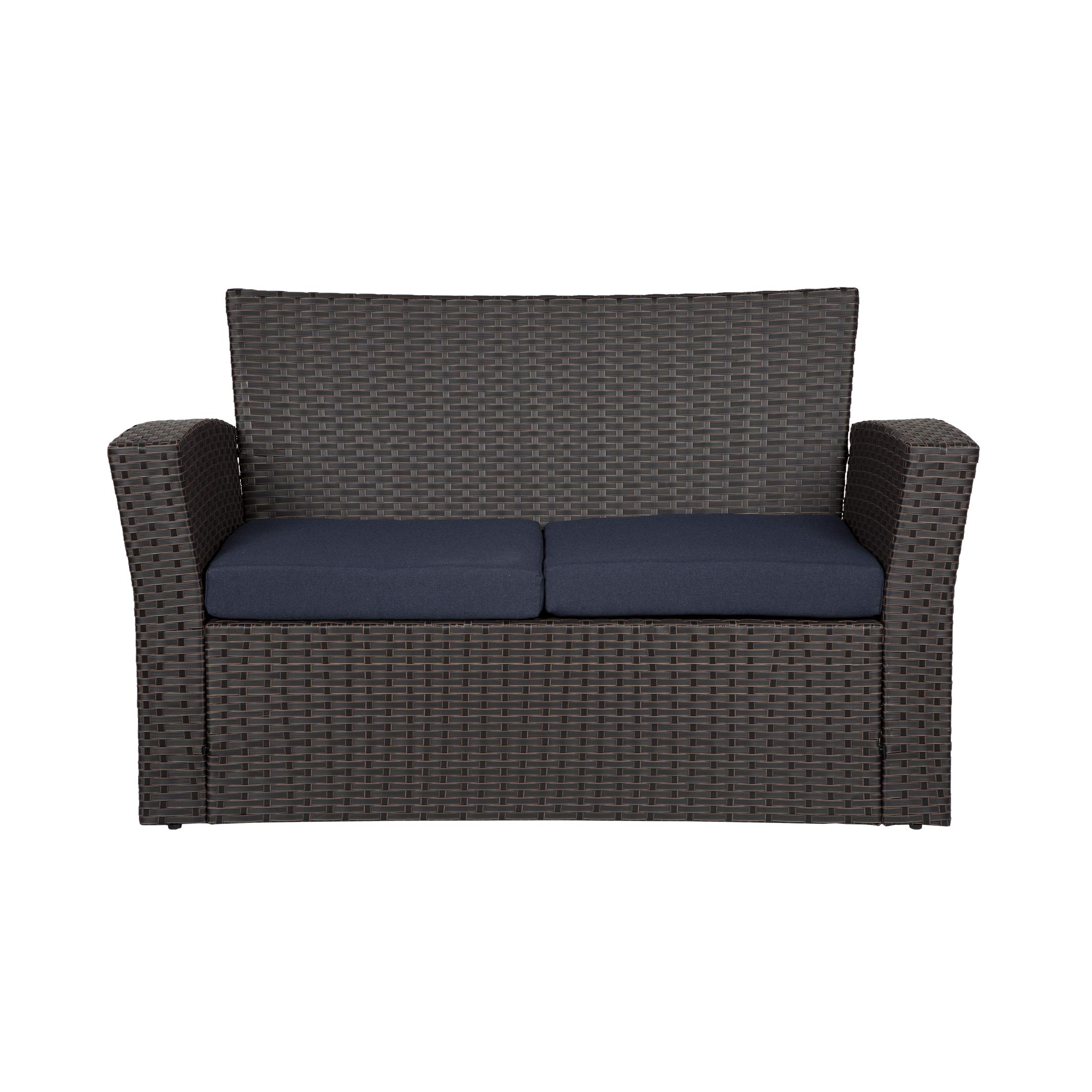 WO Home Furniture 4-Piece Patio Conversation Set - Black Rattan Wicker Sofa, Chairs & Table with Navy Blue Pillow Cushions | Outdoor Garden, Backyard, Poolside Lounge Furniture