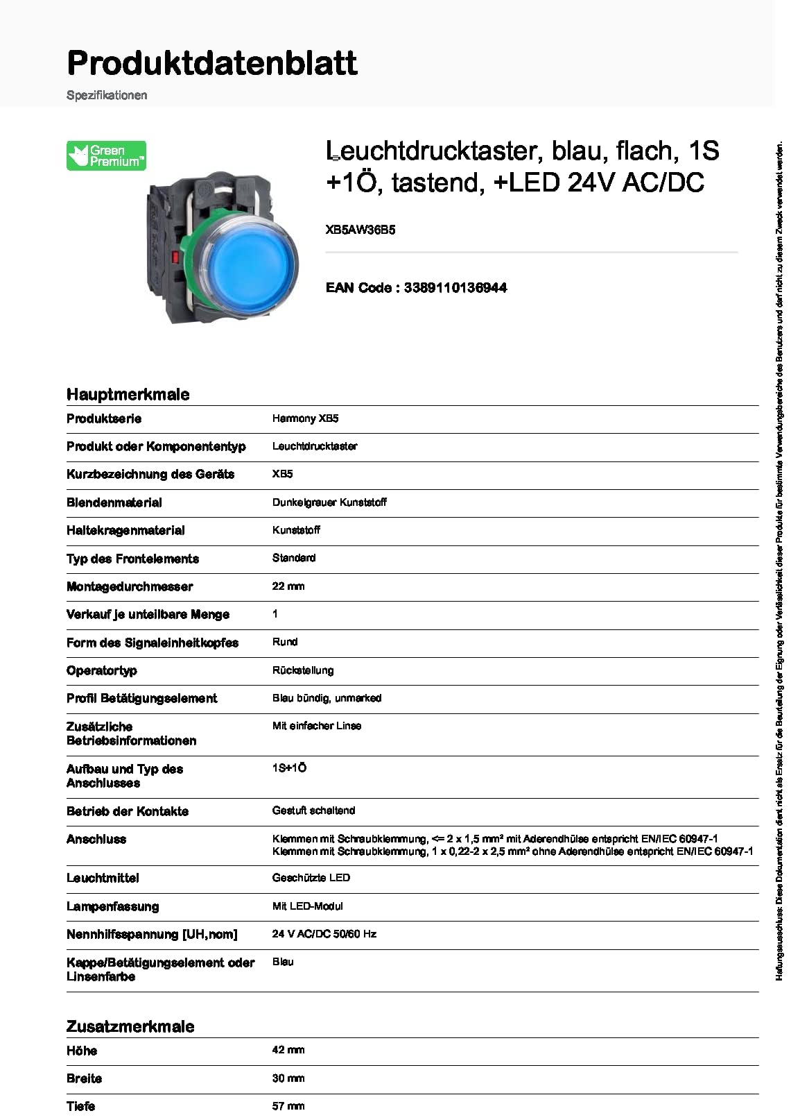 Schneider Electric XB5AW36B5 22mm Plastic Spring Return Push Button Switch - Light Blue, 24V AC/DC, NA+NF - Perfect for Industrial Control Panels and Machinery