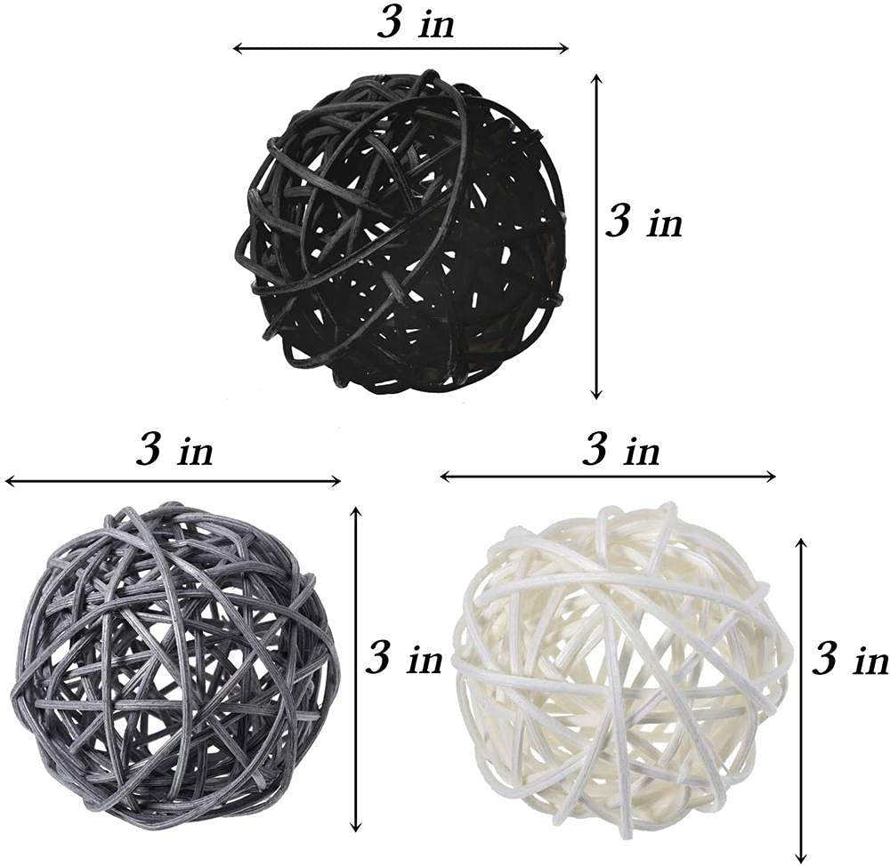 9-Piece 3-Inch Wicker Ball Decor Set - Natural Rattan Balls for Home Decor, DIY Vase Filler, Nursery & Wedding Table Centerpieces (White, Grey, Black) - Perfect for Boho, Farmhouse & Rustic Interior Styling
