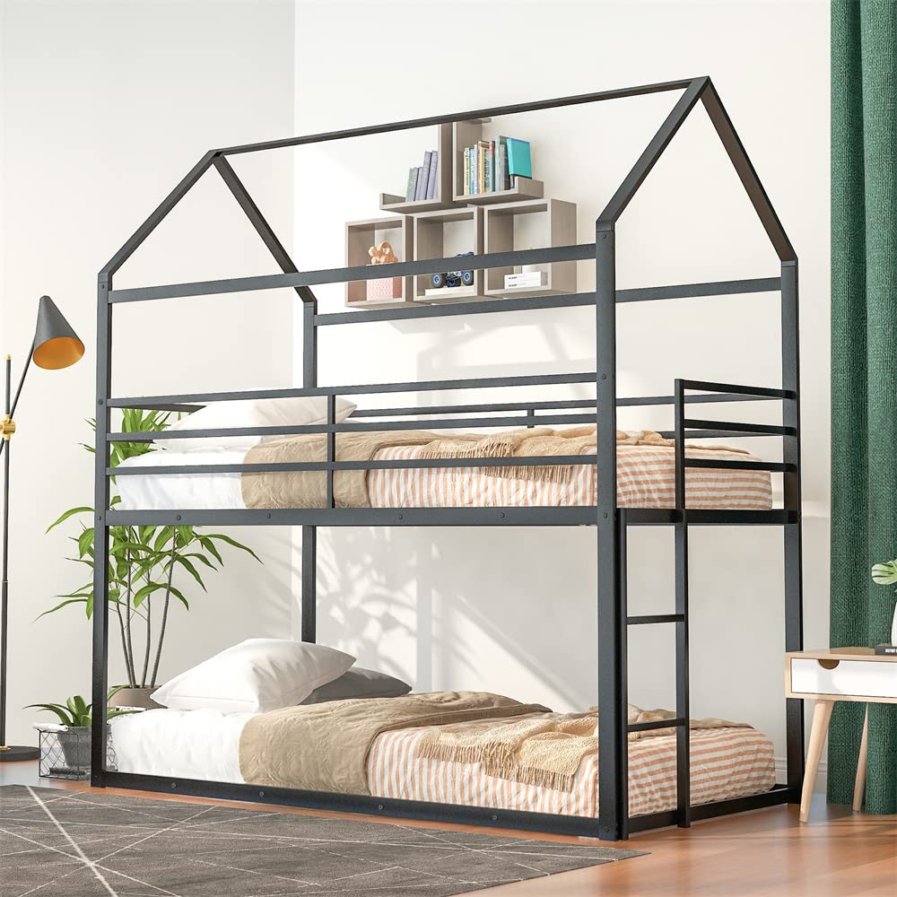 Metal House Bunk Bed with Roof - Twin Over Twin Low Loft Bed with Full-Length Guardrail & Ladder | Space-Saving Kids Bunk Bed for Boys & Girls | No Box Spring Needed | Black | Perfect for Small Bedrooms, Kids' Rooms & Shared Spaces