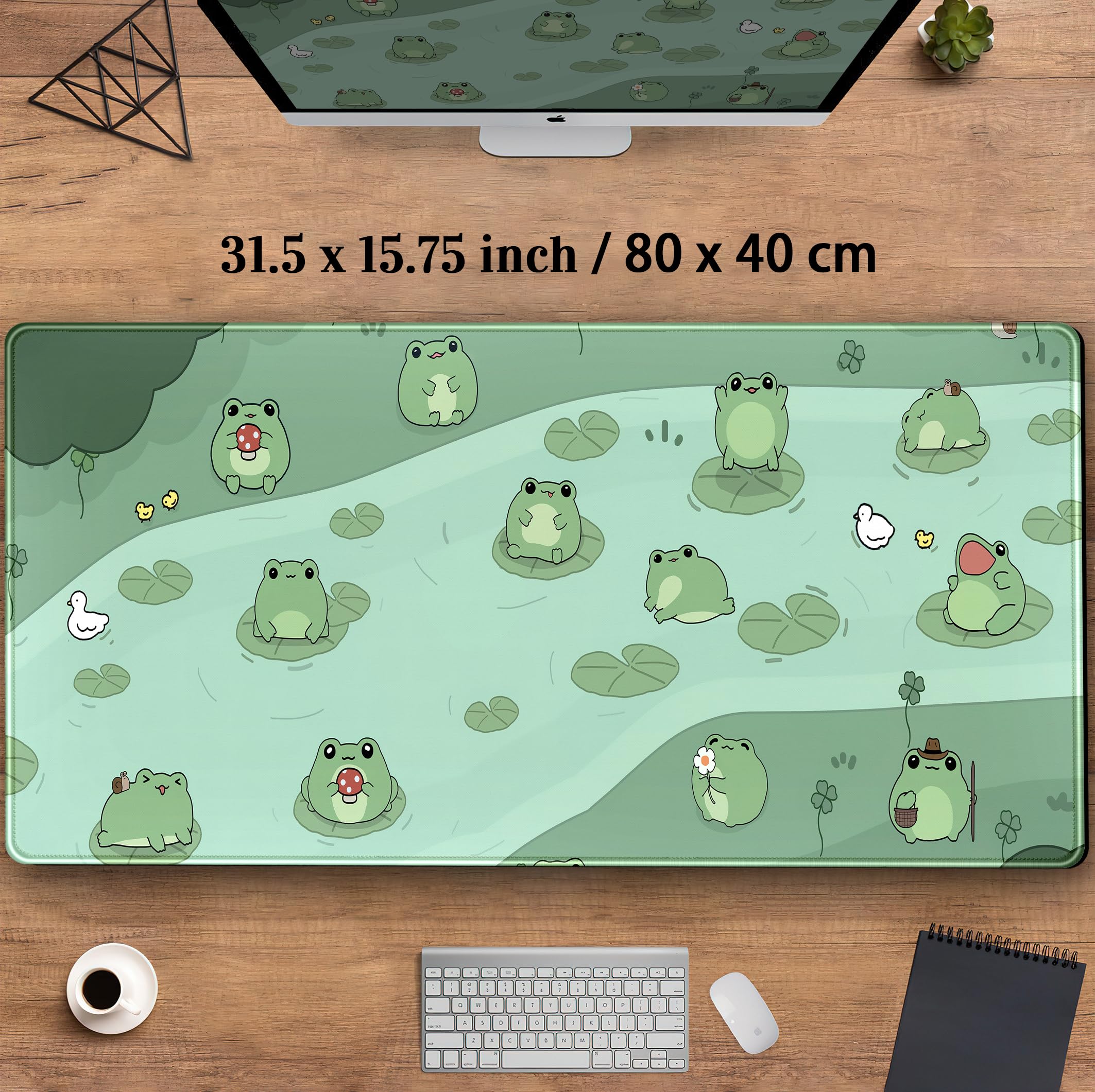 Cute Green Frog Desk Mat - XXL Large Extended Gaming Mouse Pad (31.5x15.75 in) - Japanese & Korean Aesthetic Keyboard Mat for Women, Girls Office & Gaming Setup - Perfect for Anime Lovers, PC Battlestations & Kawaii Workspace Decor