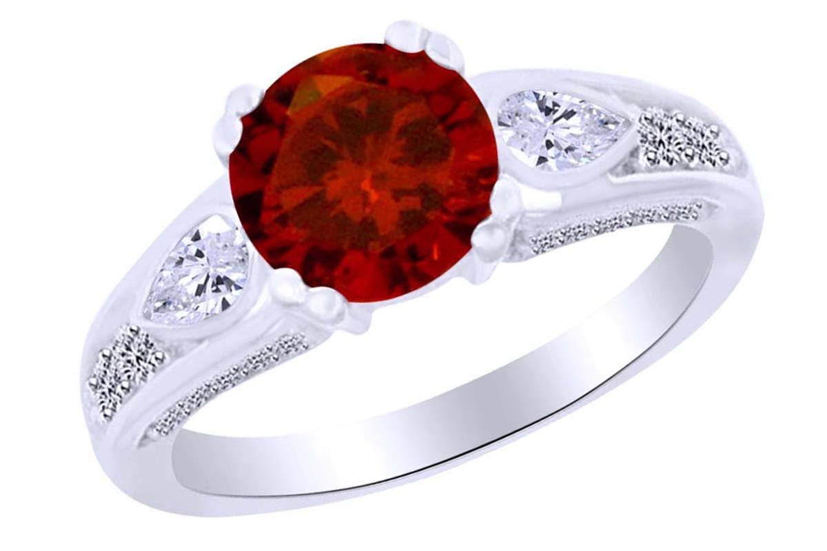925 Sterling Silver Round Simulated Garnet & Pear Cut White Cubic Zirconia Solitaire Ring | Elegant Jewelry for Women, Perfect for Weddings, Anniversaries & Special Occasions