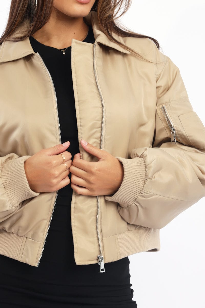 Stylish Beige Bomber Jacket with Stand Collar - Perfect for Casual Outfits & Streetwear Fashion