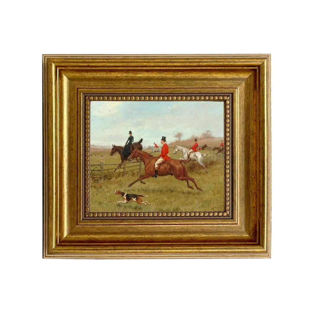 Schooner Bay Co. - Thomas Blinks 'The Chase' 8x10 Inch Equestrian Oil Painting Print on Canvas with Gold Frame - Fox Hunting Wall Art Decor for Living Room, Office & Study - Ready to Hang Home Décor
