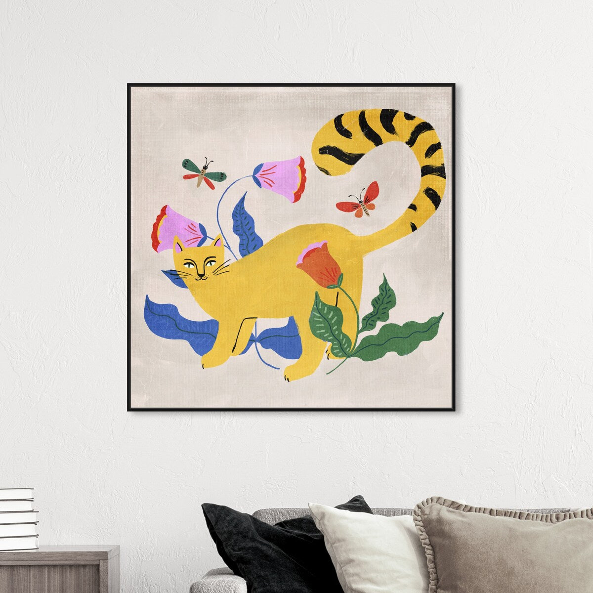 Blonde Tabby Floral Kitten Butterfly Garden Modern Yellow Framed Canvas Wall Art Print - Home Decor for Bedroom, Living Room & Nursery
