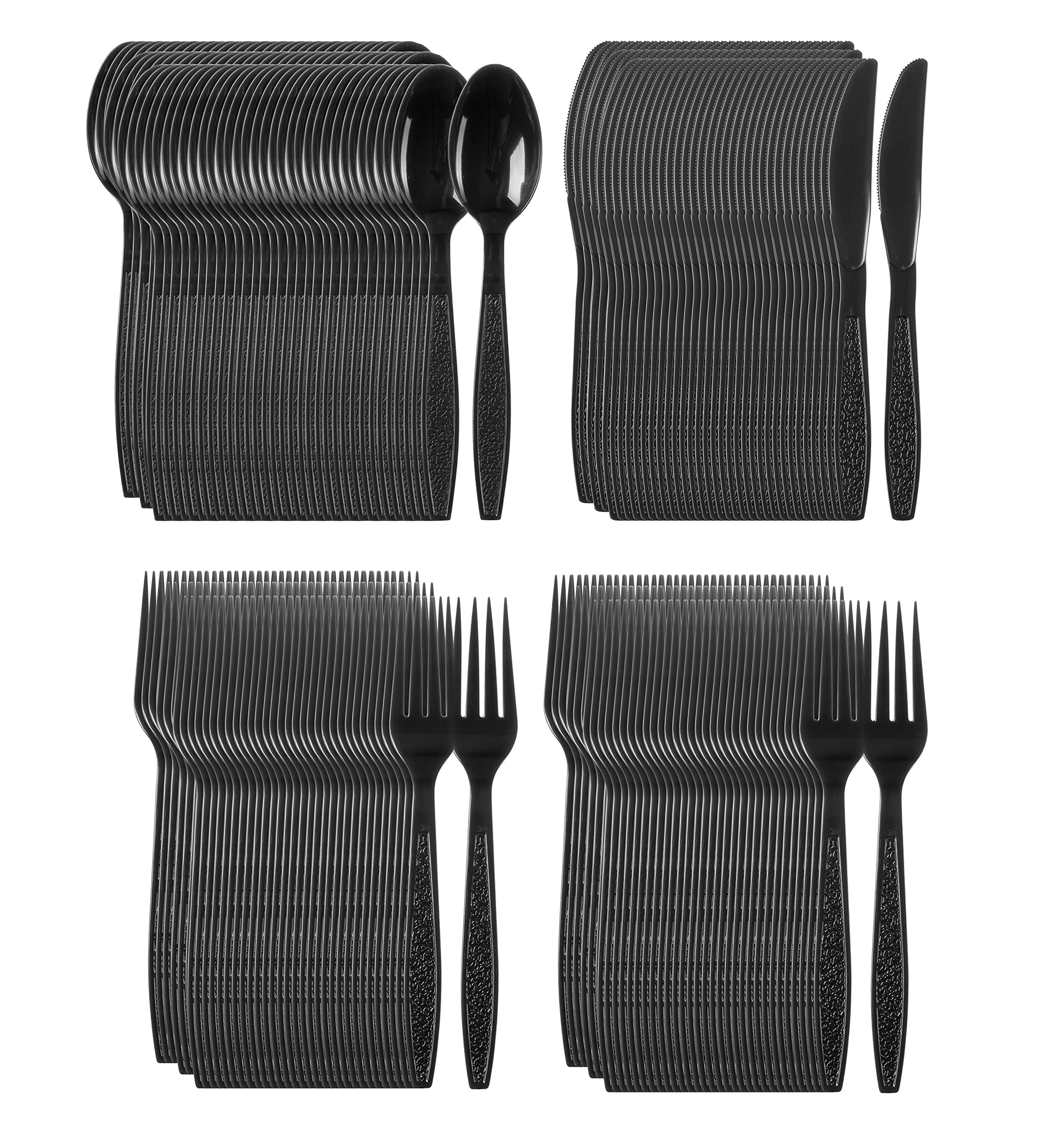 Heavy Duty Disposable Plastic Cutlery Set - 200 Forks, 100 Knives, 100 Spoons - Eco-Friendly Black Silverware for Parties, Picnics & Catering Events