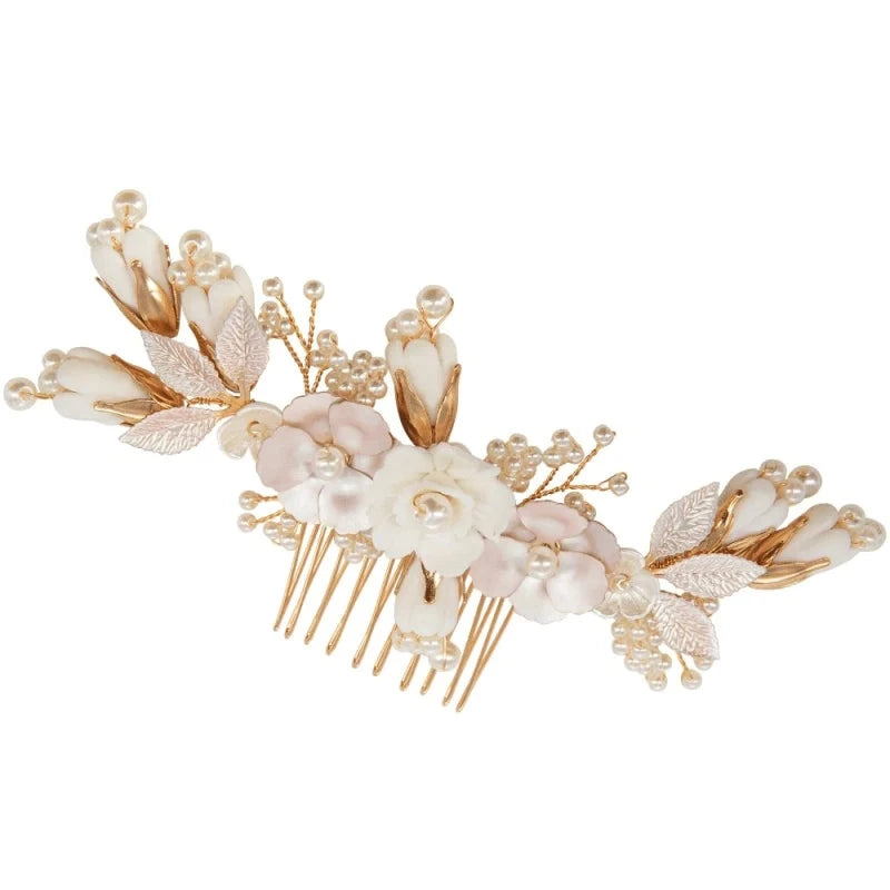 Hand-Painted Gold Bridal Hair Comb with Blush Pink Flowers - Elegant Wedding Accessory for Brides, Bridesmaids & Special Occasions