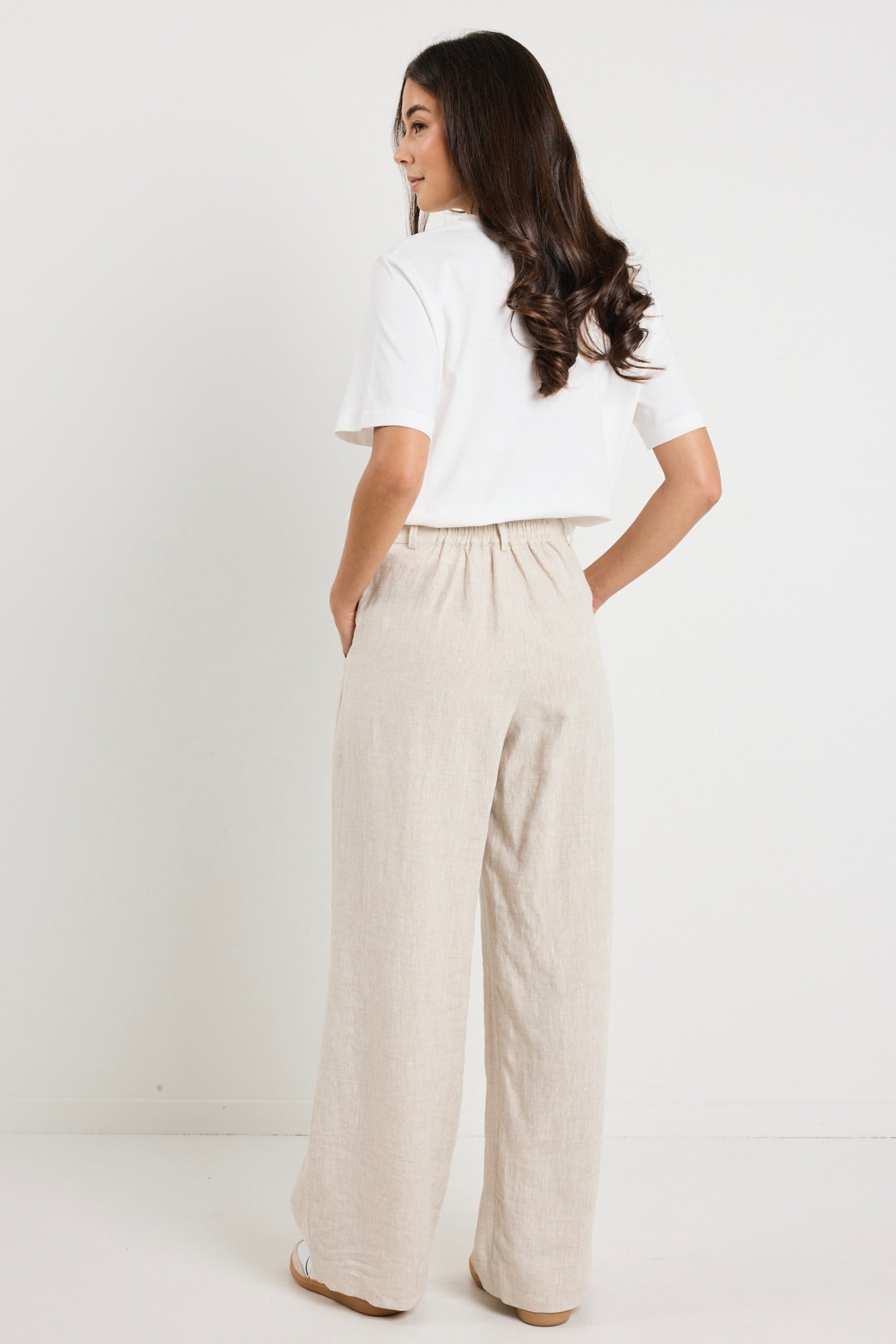 Bestow Natural Linen Elastic Waist Wide Leg Pants for Women - Comfortable Summer Lounge & Casual Wear