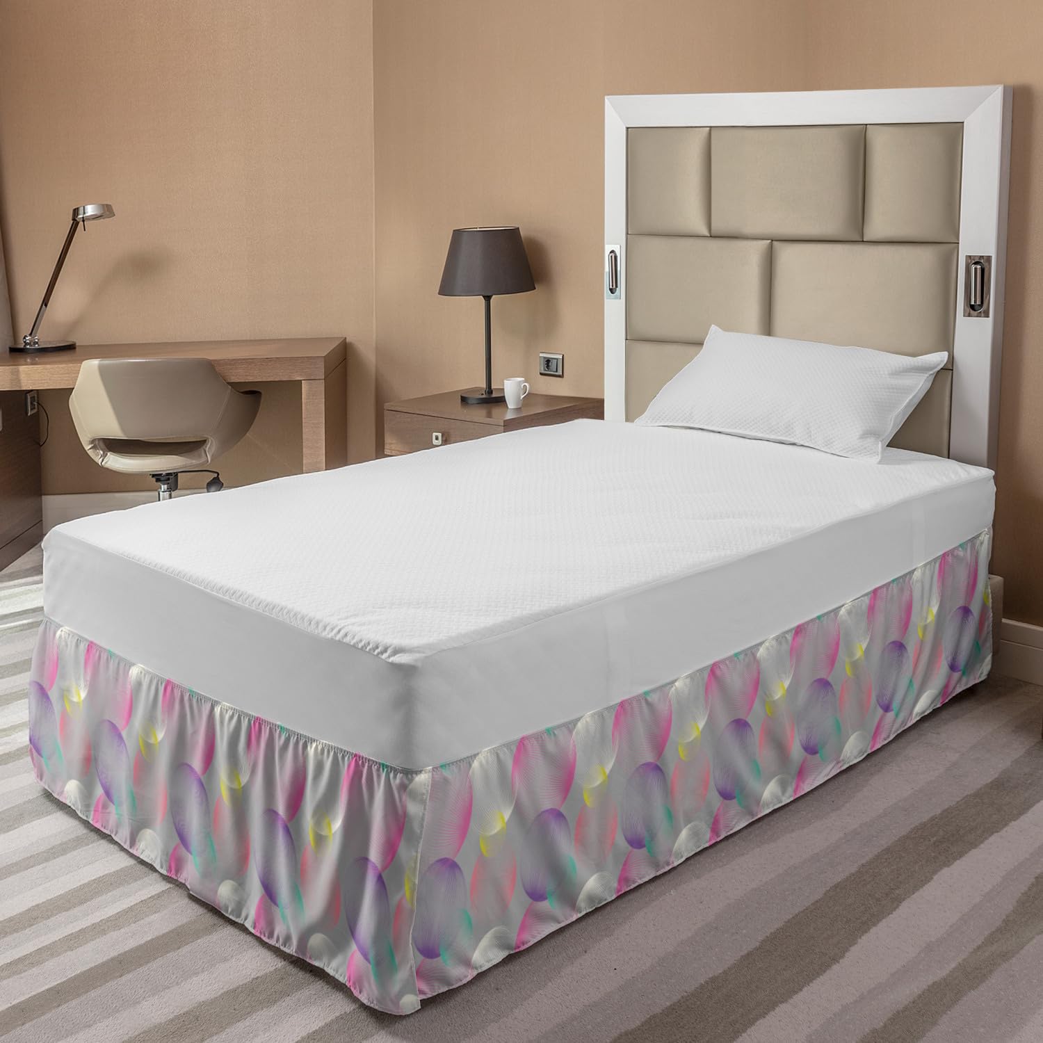Ambesonne Abstract Elastic Bed Skirt - Modern Striped Circles & Bubbles Design, Wrap Around Fabric Dust Ruffle for Twin/Twin XL Beds, Earth Yellow | Perfect for Bedroom Decor & Guest Room Styling