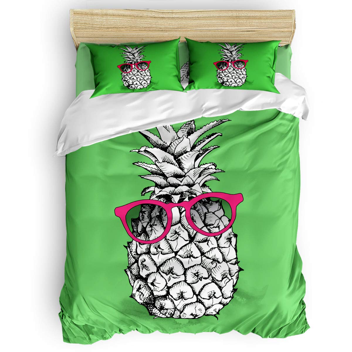 4-Piece Pineapple Sunglasses Duvet Cover Set - Soft & Cute Bedding for Kids, Boys, Girls & Adults - Includes 1 Duvet Cover, 1 Fitted Sheet & 2 Pillowcases - Full Size Bed Set - Perfect for Kids' Rooms, Guest Bedrooms & Tropical-Themed Decor