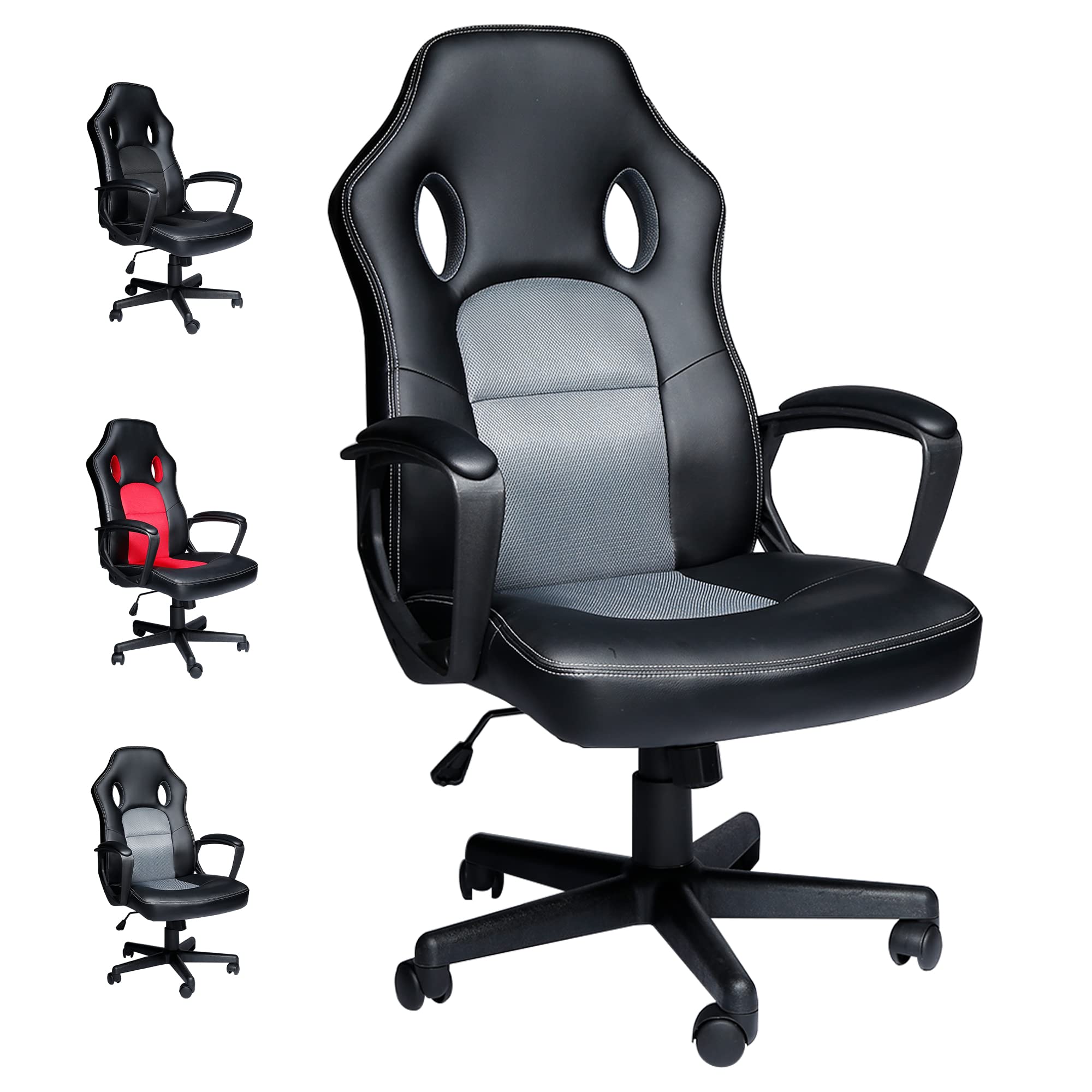 Ergonomic Gaming Chair - High Back Racing Style Recliner with Adjustable Height, Swivel & Lumbar Support - PU Leather Office Computer Desk Chair for Home, Gaming & Esports (Grey & Black) - Perfect for Long Work Sessions, PC Gaming & Streaming Setup