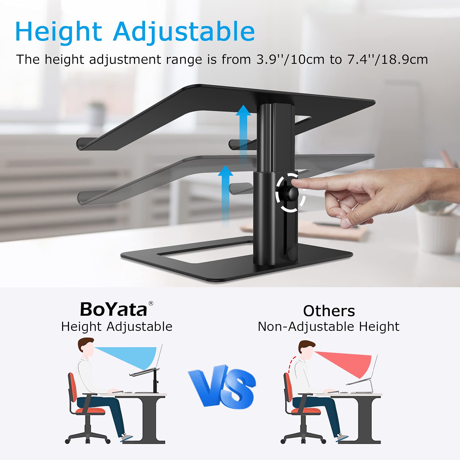 BoYata Ergonomic Aluminum Laptop Stand - Height Adjustable Computer Holder for MacBook Pro/Air, Dell, Lenovo, HP, Samsung, and More 11-17
