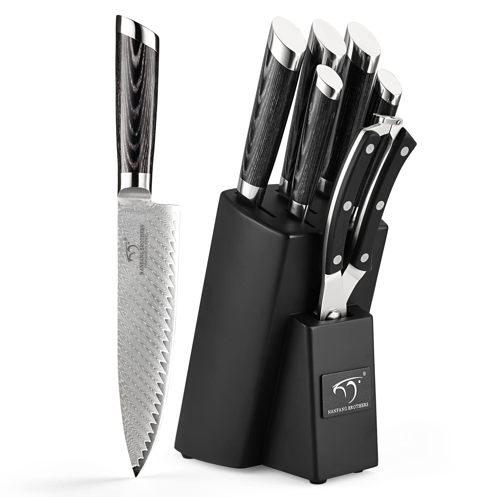 Premium 7-Piece Damascus Steel Knife Set with Wooden Block - Chef Knives, Kitchen Shears & Ergonomic ABS Handles - Perfect for Home Cooking, Professional Chefs & Gourmet Food Preparation