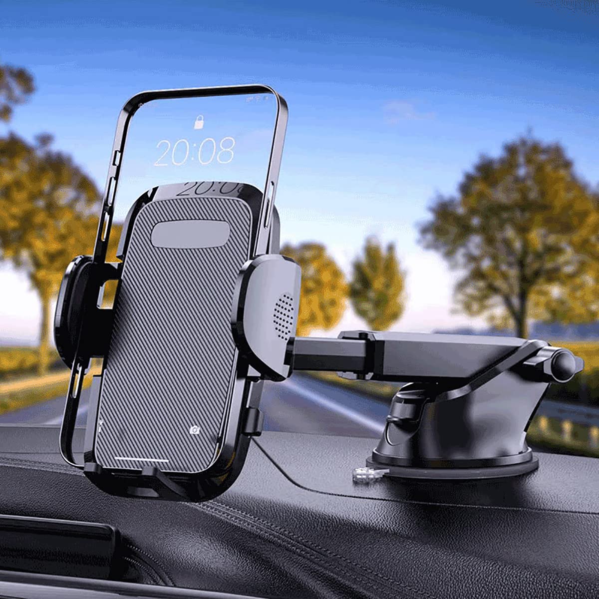 Universal Car Phone Holder Mount - Long Arm, Thick Case & Big Phone Compatible - Hands-Free Dashboard, Windshield & Air Vent Phone Mount for iPhone, Samsung & All Smartphones - Perfect for Commuting, Road Trips & GPS Navigation