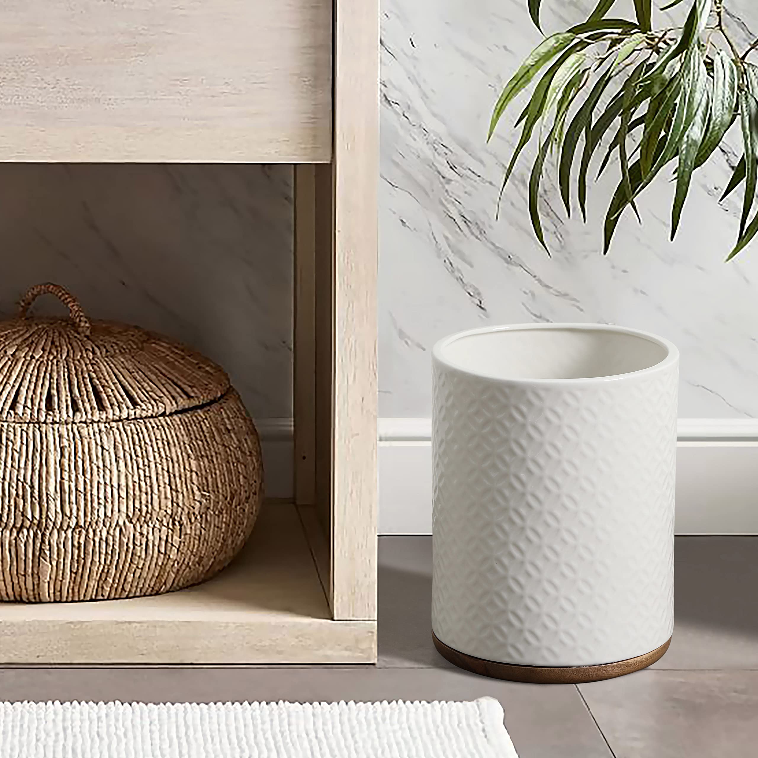 Elegant Ceramic Bathroom Trash Can with Wooden Base - White & Beige Decorative Waste Bin for Bathroom, Bedroom, or Office - Perfect for Home Décor and Organization