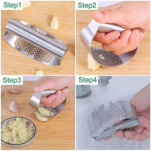 Premium Stainless Steel Garlic Press Rocker - Arc Shape Design for Effortless Crushing & Mincing - Includes 2 Pack Garlic Peeler & Chopper - Perfect for Cooking, Meal Prep & Professional Kitchens