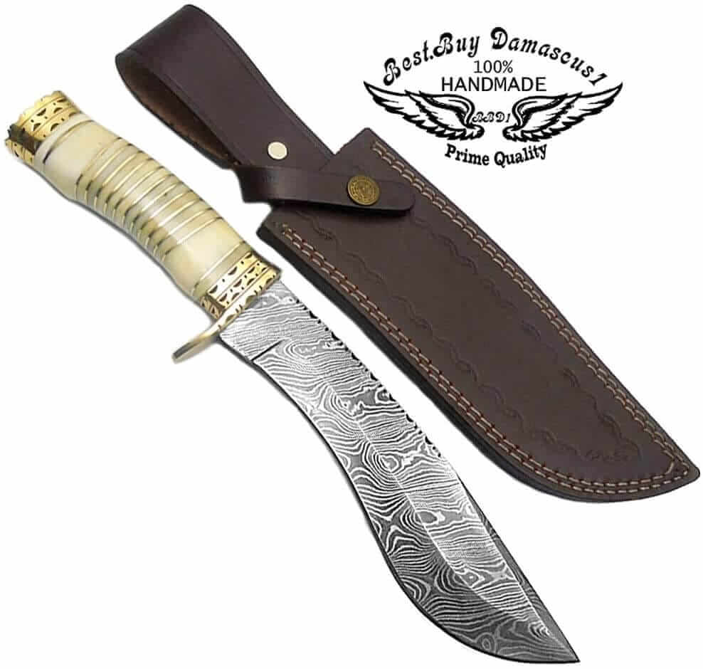 13'' Damascus Steel Kukri Hunting Knife with Camel Bone Handle - Fixed Blade Knife for Men, Outdoor Survival, Camping & Bushcraft - Includes Knife Sharpener, Perfect Gift for Hunters & Outdoorsmen