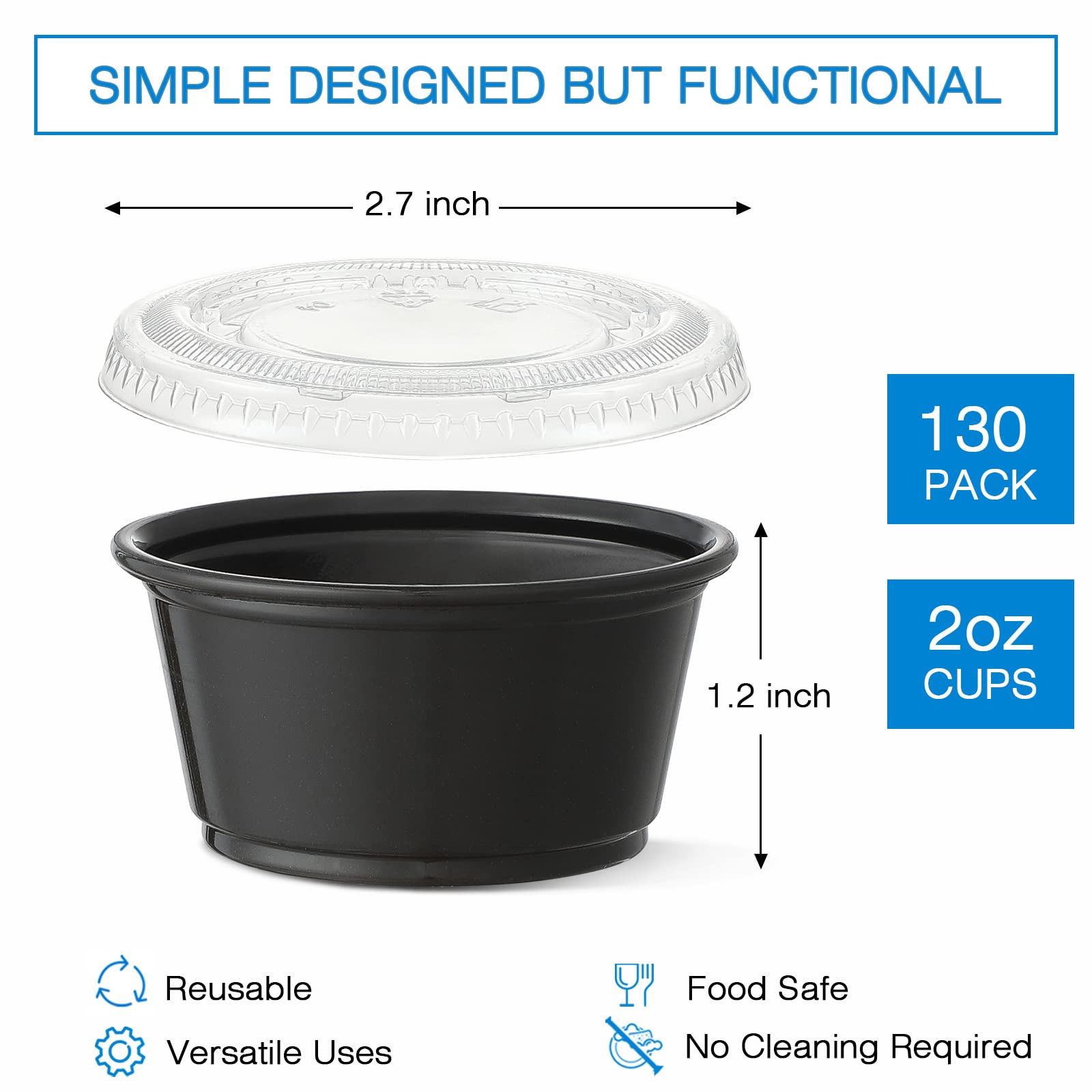 130 Sets - 2 Oz Black Plastic Portion Cups with Lids | Airtight Small Containers for Jello Shots, Salad Dressings, Dipping Sauces & Condiments | Perfect for Parties, Lunches, Picnics & Travel | BPA-Free & Leakproof Food Storage Solution