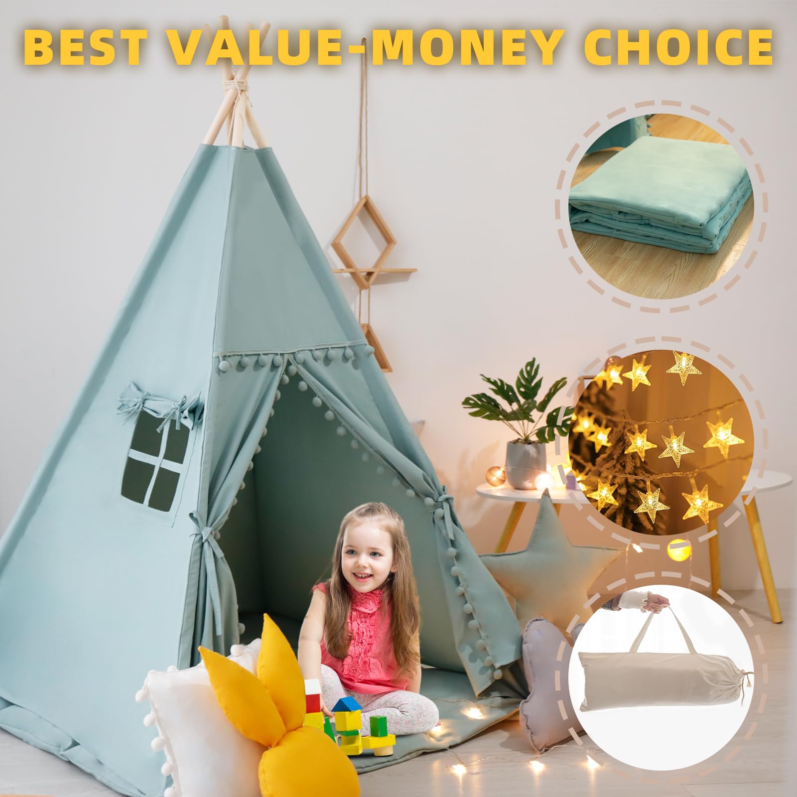Kids Teepee Tent with Mat & Star Lights - Portable Indoor/Outdoor Playhouse for Camping & Playtime
