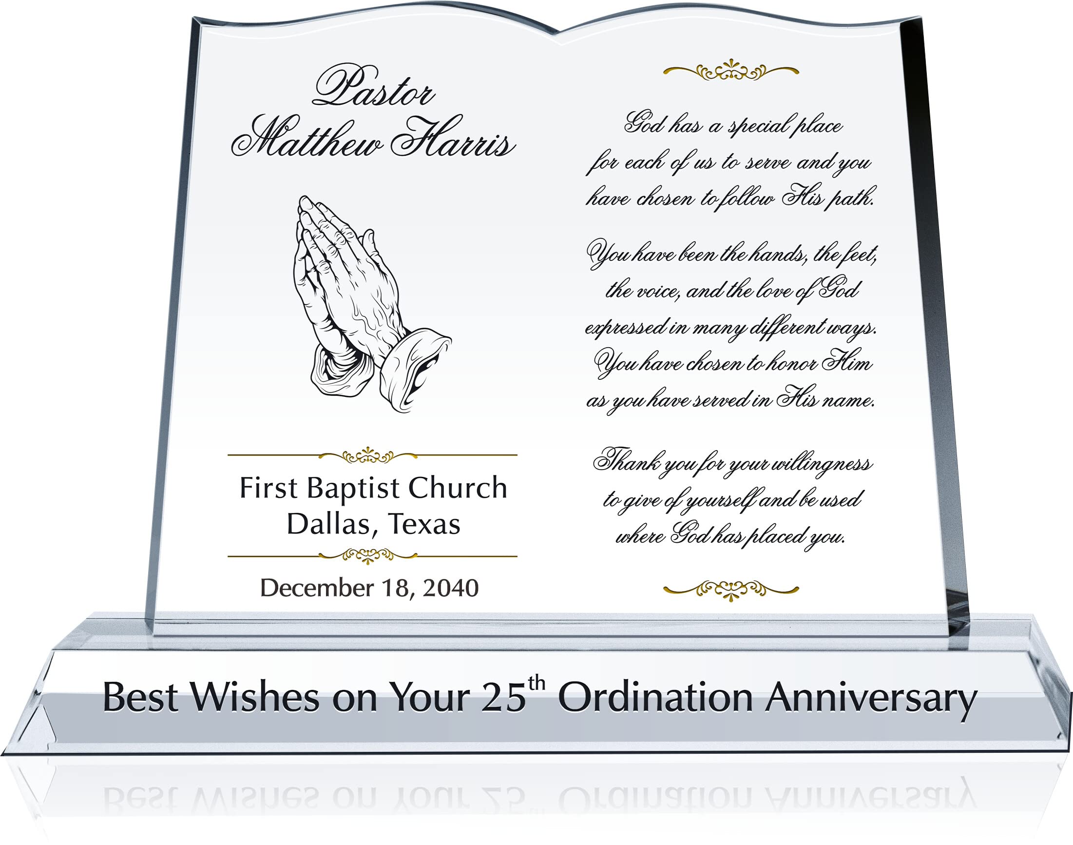 Custom Engraved Crystal Bible Plaque for Pastor Appreciation - Personalized with Name & Church - 10 Inch Minister Gift for Ordination, Retirement & Special Occasions - Perfect for Church Office, Home Display & Religious Ceremonies