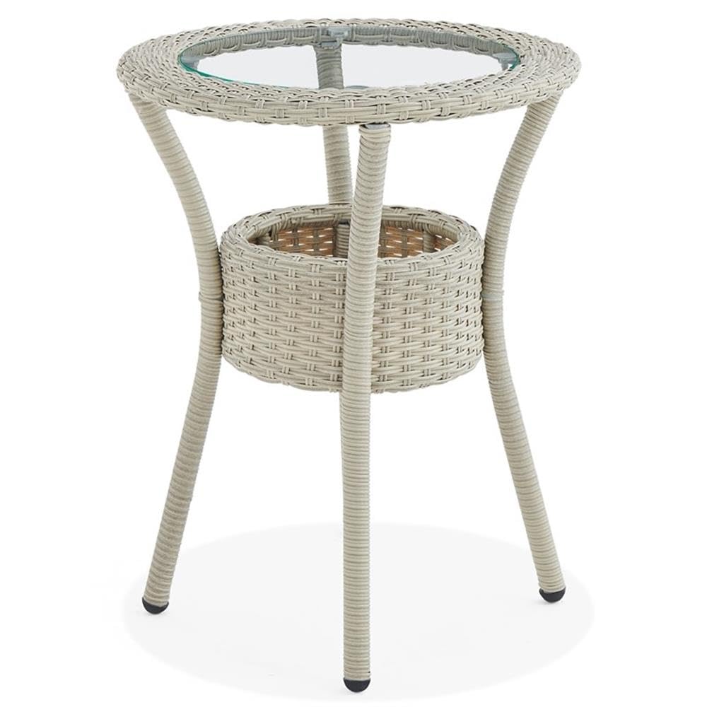 All-Weather Wicker Outdoor Glass Top Coffee Table with Storage in Beige - Perfect for Patio, Garden, and Poolside Relaxation