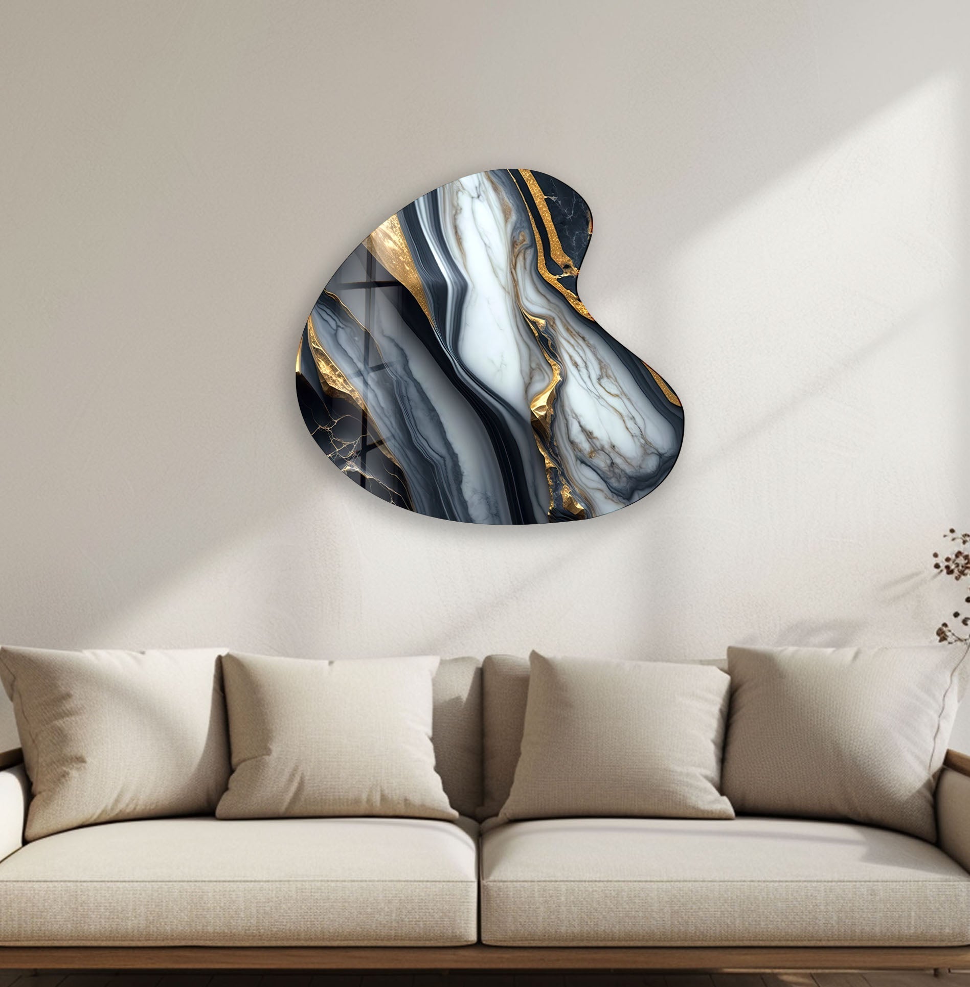 Black and White Marble Irregular Glass Wall Art - Modern Abstract Home Decor for Living Room, Bedroom, or Office