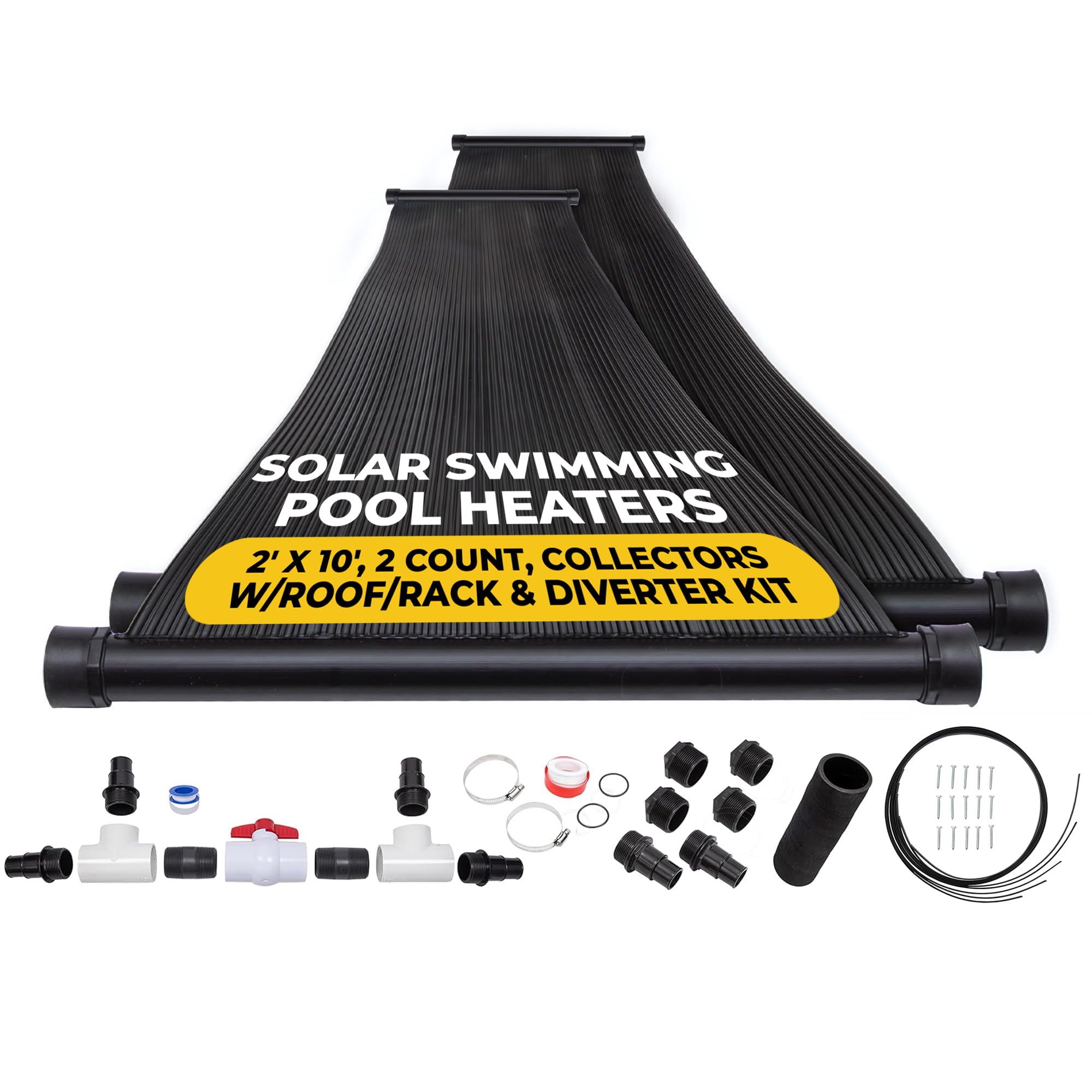 SunQuest Solar Pool Heater Panels - 2 Pack (2ft x 10ft) Solar Collectors with Roof/Rack Mount & Diverter Kit - Efficient Solar Water Heating System for Above Ground and Inground Pools - DIY Installation - UV Resistant Polypropylene Tube Web Design - Perfect for Extending Swimming Season & Reducing Energy Costs