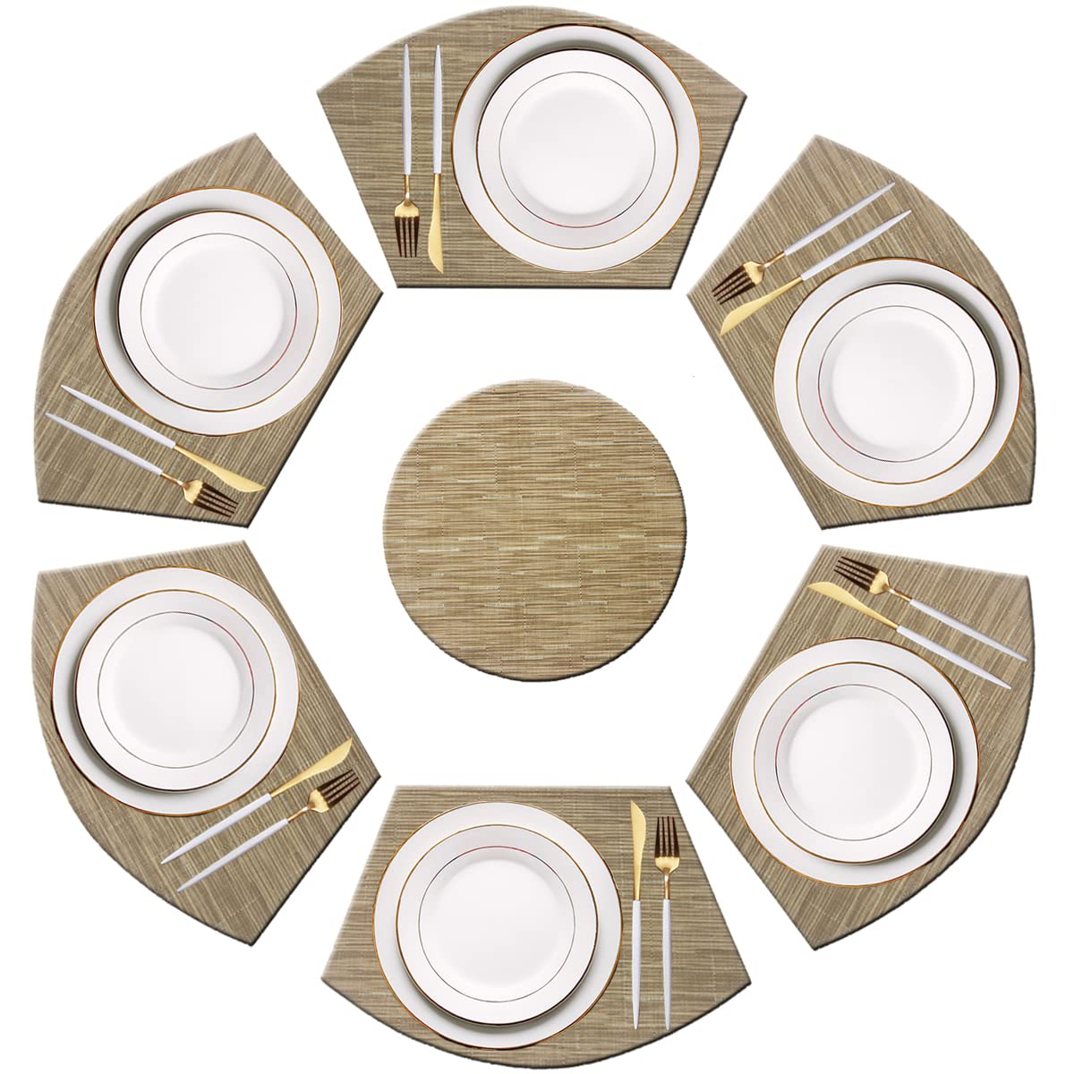 PIGCHCY 6-Piece Wedge Shaped Placemats Set with Round Centerpiece - Washable, Heat-Resistant Kitchen Table Mats for Dining Room Decor (Beige) | Perfect for Holiday Dinners, Family Gatherings & Everyday Meals