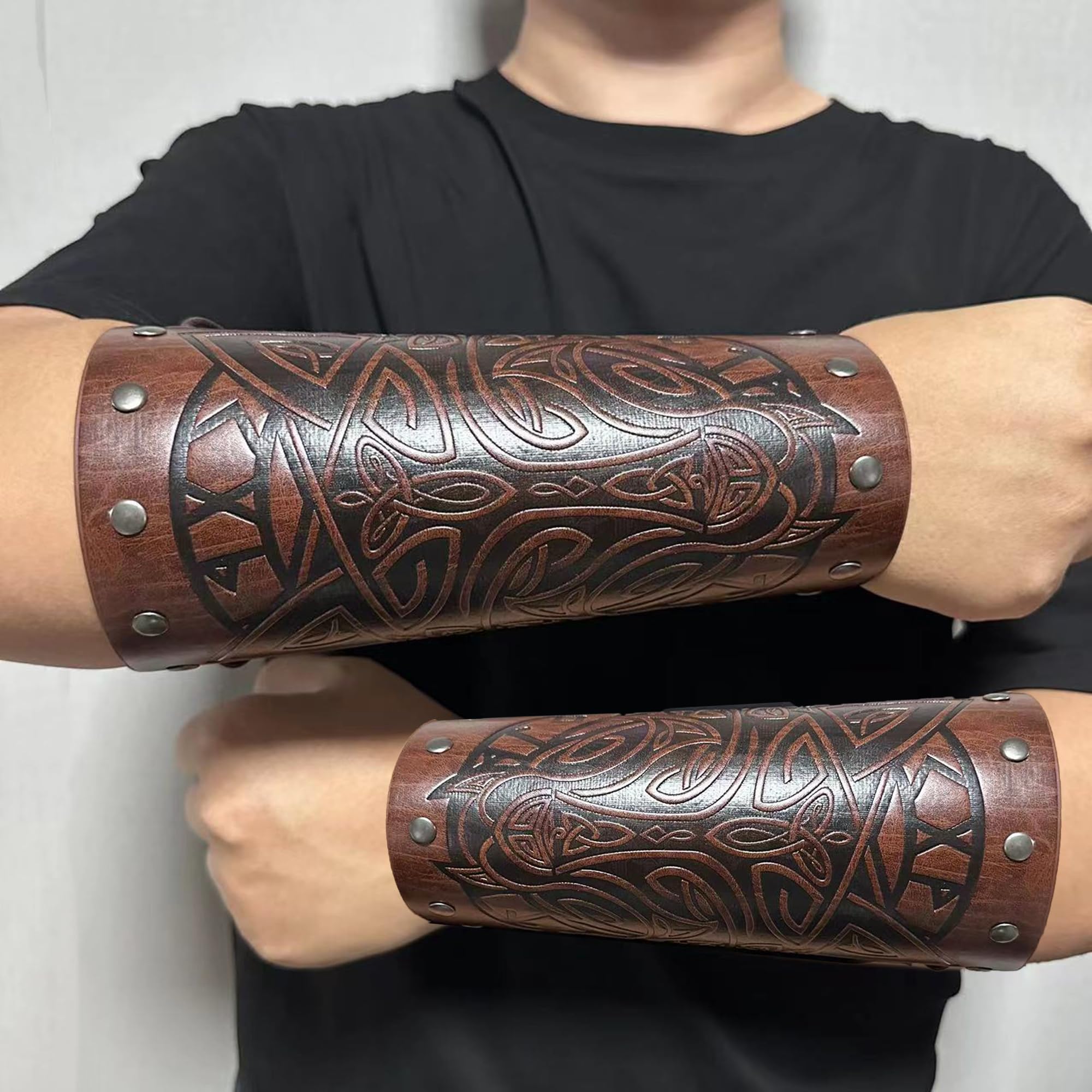 Viking Leather Bracers - Medieval Wolf Embossed Arm Guards, Handmade Leather Cuffs & Gauntlets for LARP, Cosplay, Renaissance Fairs & Historical Reenactment