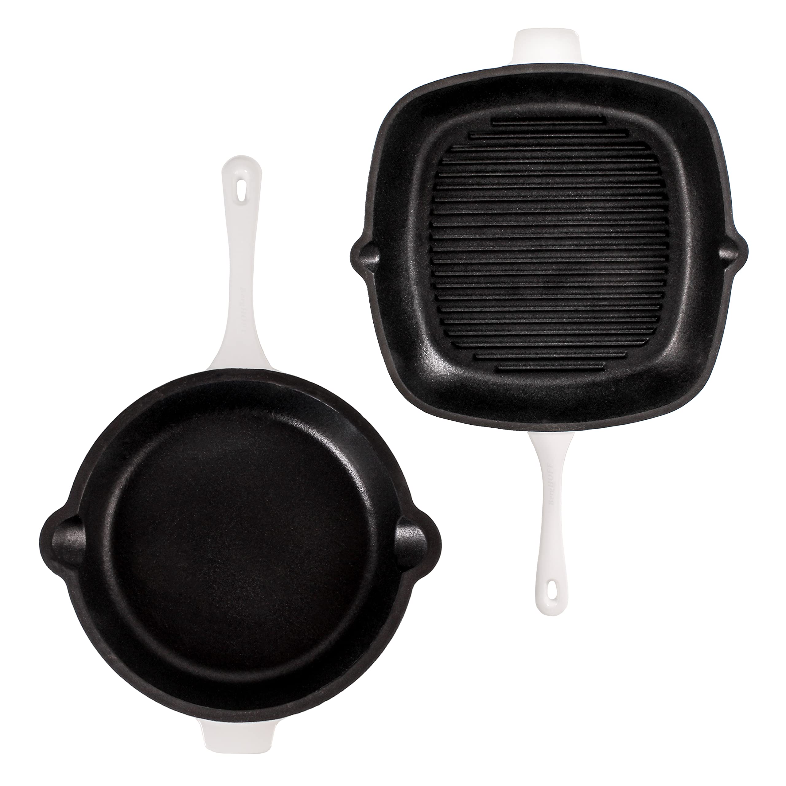 Berghoff 2-Piece Neo Enameled Cast Iron Cookware Set - 11 Inch Grill Pan & 10 Inch Fry Pan - Oven Safe to 400°F - White - Perfect for Stovetop, Oven & Outdoor Cooking - Ideal for Grilling, Searing & Frying Steaks, Burgers & Vegetables