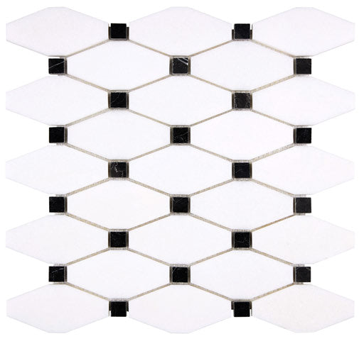 White Thassos Marble Elongated Hexagon Black Mosaic Tile - Premium Natural Stone Wall & Floor Tile for Bathroom, Kitchen Backsplash, Shower, and Pool Design