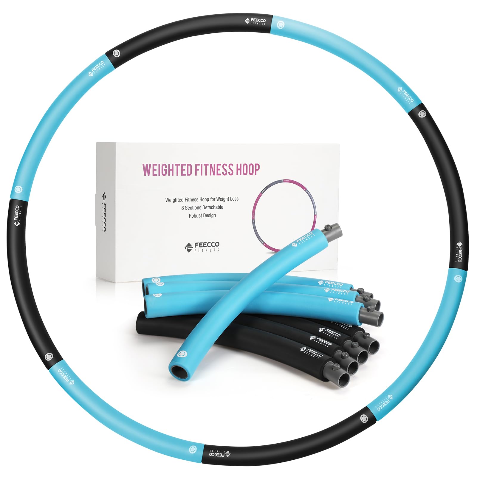 FEECCO Weighted Fitness Hula Hoop - 8 Detachable Sections for Weight Loss & Core Workout - Perfect for Home Gym, Outdoor Exercise & Toning Abs, Waist, Hips - Adjustable Weight for Beginners & Advanced Users