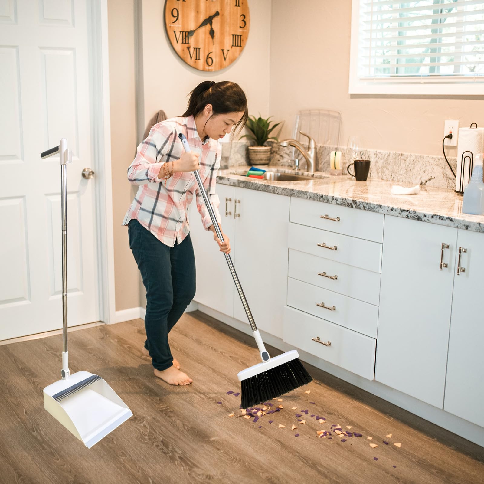 JCXIOAHB Long Handle Dustpan and Broom Set with Comb Teeth - Windproof Design for Indoor, Outdoor, Garden, Kitchen & Office Cleaning - White - Perfect for Hardwood Floors, Tile, Patio & Pet Hair Removal