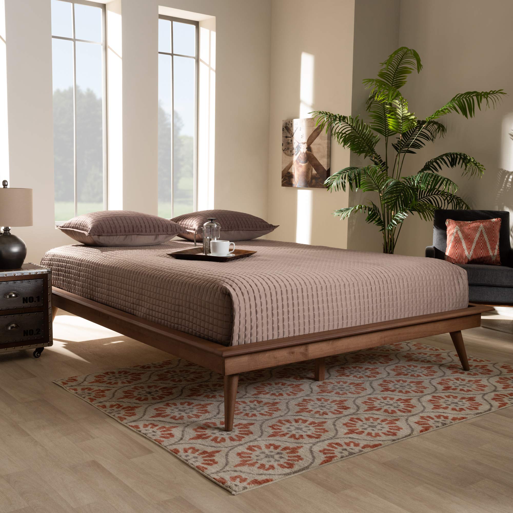 Baxton Studio Queen Size Bed Frame with Wooden Slats - Modern Brown Bedroom Furniture for Master Bedroom, Guest Room & Dorm