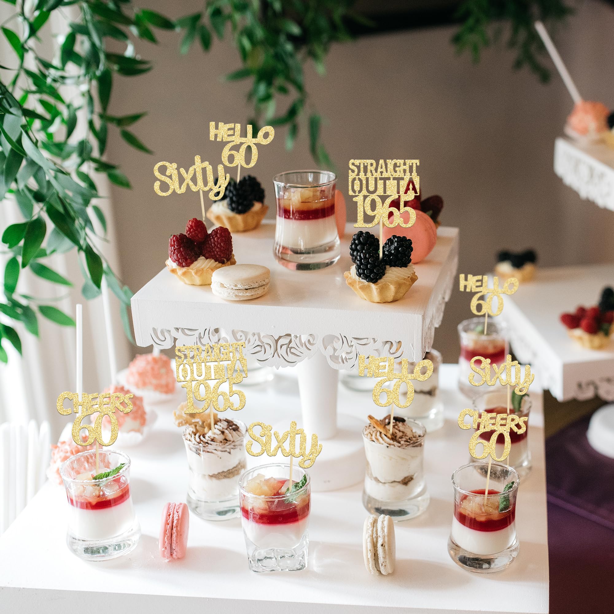 24 Pack Gold Glitter 60th Birthday Cupcake Toppers - Sixty Straight Outta 1965, Hello 60 Cake Decorations for Anniversary Parties, Cheers to 60 Years - Perfect for Milestone Celebrations & Retirement Parties
