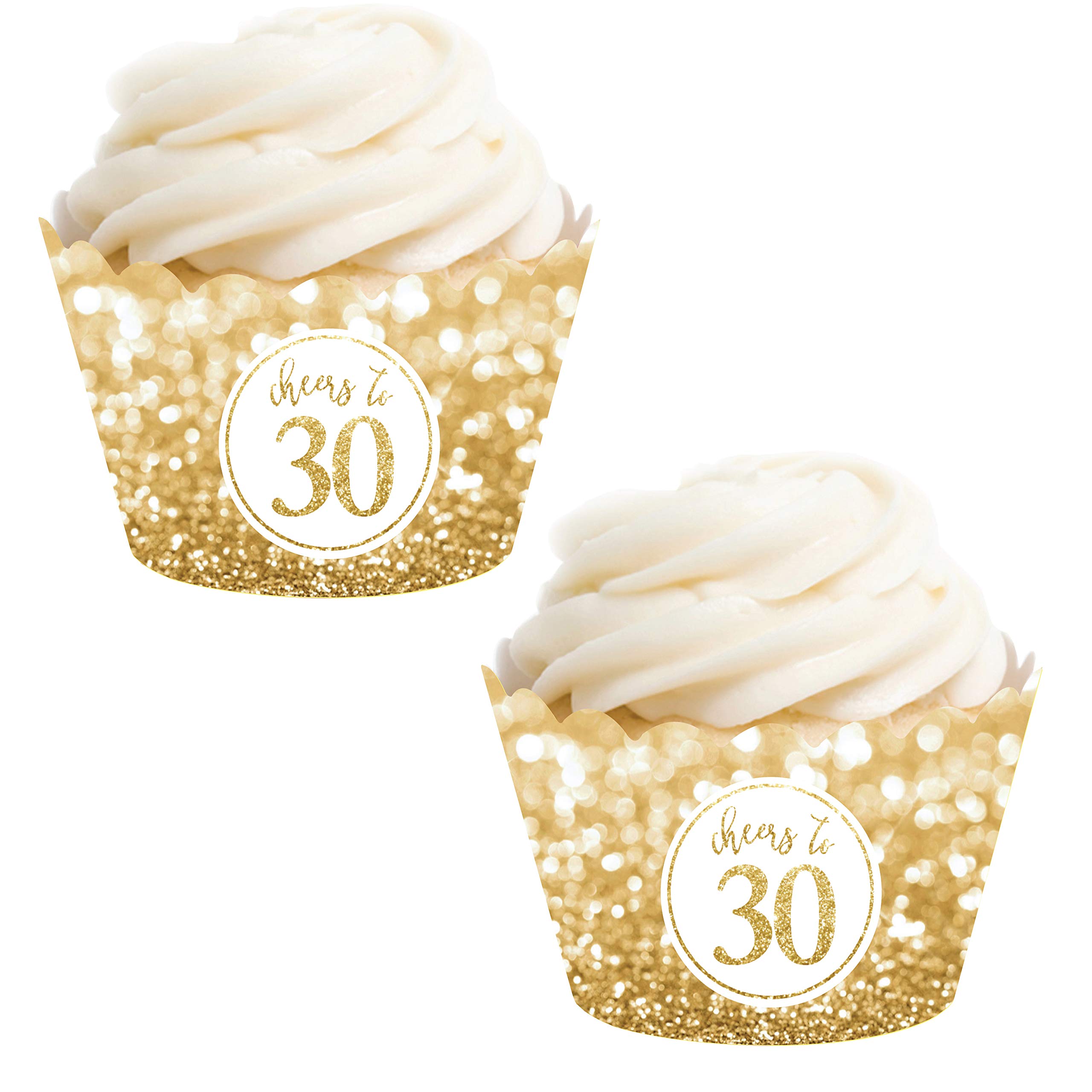 Andaz Press Glitzy Faux Gold Glitter Cupcake Wrappers - 24-Pack for 30th Birthday or Anniversary Decorations (Non-Shedding, Food Safe) - Perfect for Party Desserts, Milestone Celebrations & Cake Decorating