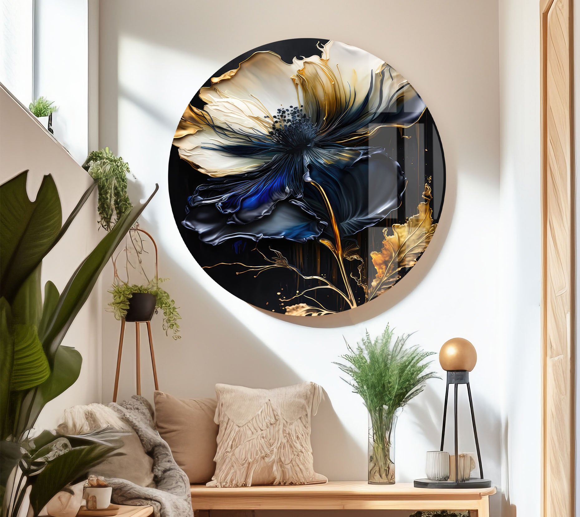 Blue and Gold Floral Wall Art - Elegant Dark Botanical Glass Print for Modern Luxury Home Decor | Perfect for Living Room, Bedroom & Office Wall Decor