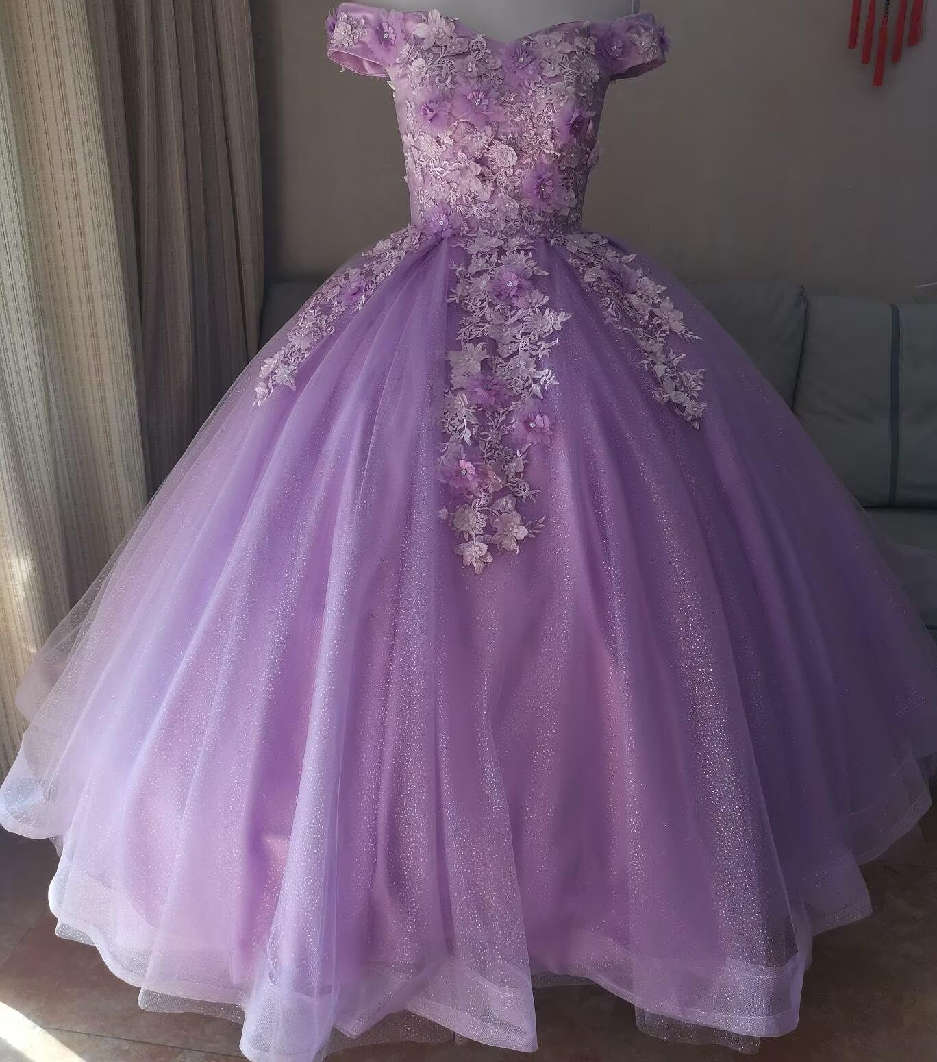 Elegant Long Prom Dress with Off-the-Shoulder Design | Quinceañera Ball Gown with 3D Handmade Tulle Flowers | Sweet 16 Dresses for Formal Dances, Weddings & Special Occasions