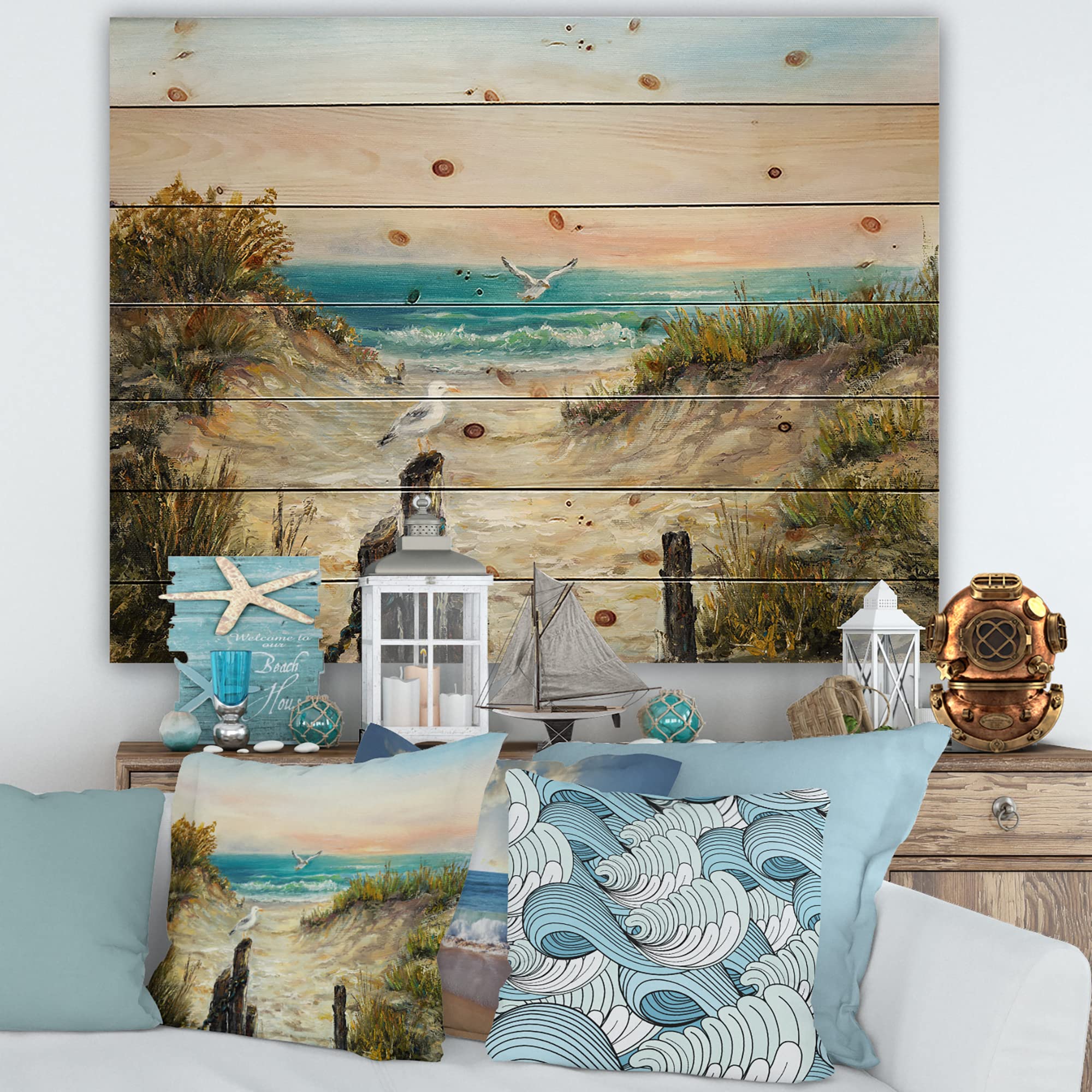 DesignQ Ocean Dunes Pink Sunset Nautical Coastal Wood Wall Art - Large Beach Wood Panel Decor Printed on Natural Pine - Perfect for Coastal Living Rooms, Beach House Decor & Ocean-Themed Bedrooms