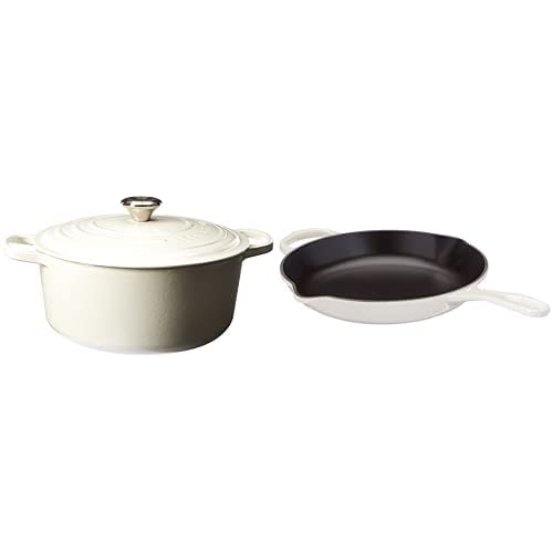 Le Creuset Enameled Cast Iron Signature Round Dutch Oven 7.25 Quart & 10.25 Inch Skillet Set in White – Premium Cookware for Baking, Roasting, Searing – Perfect for Home Chefs and Gourmet Cooking